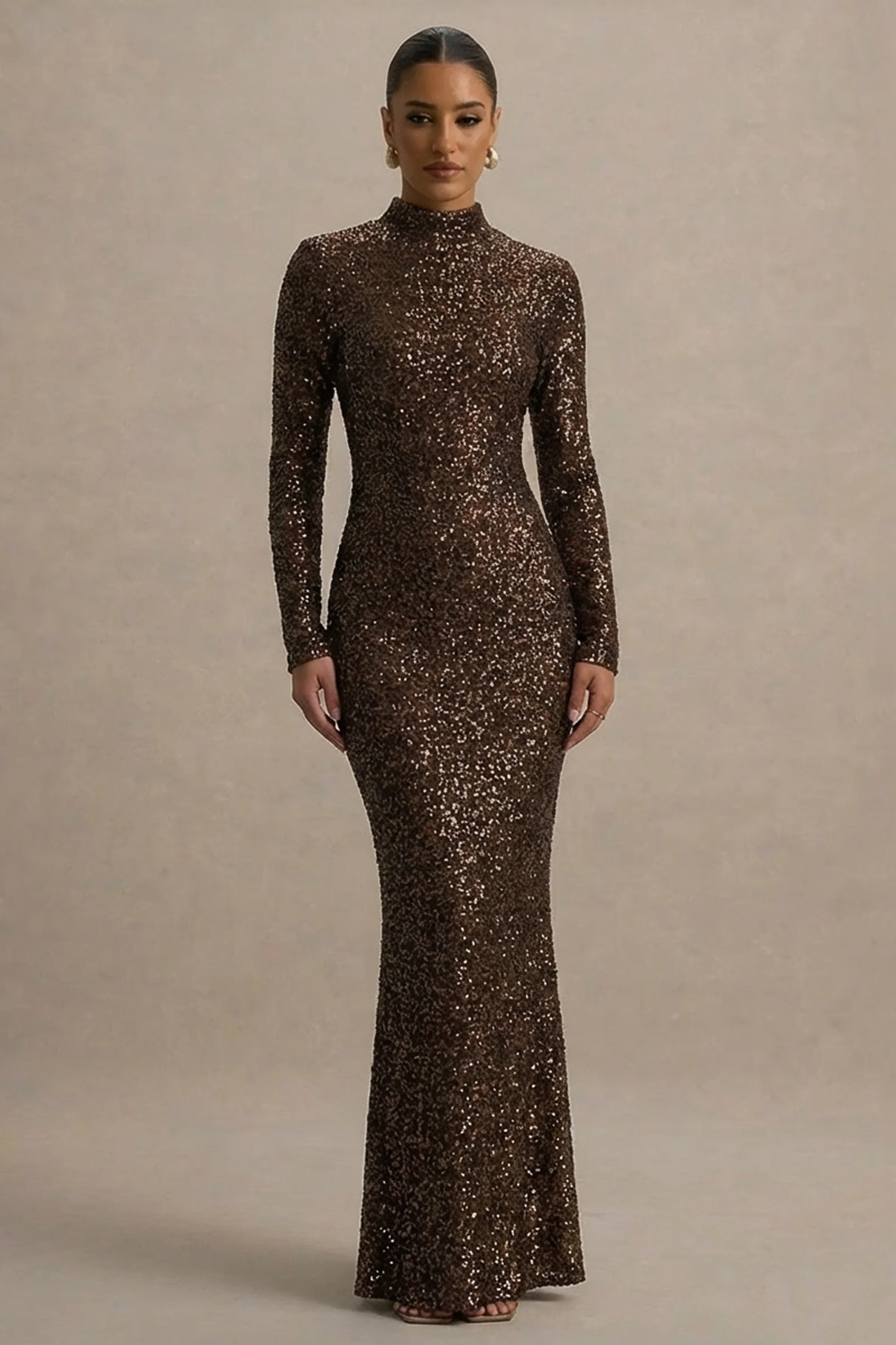 Galaxy | Brown Sequin Turtle-Neck Long-Sleeve Maxi Dress - Image 5