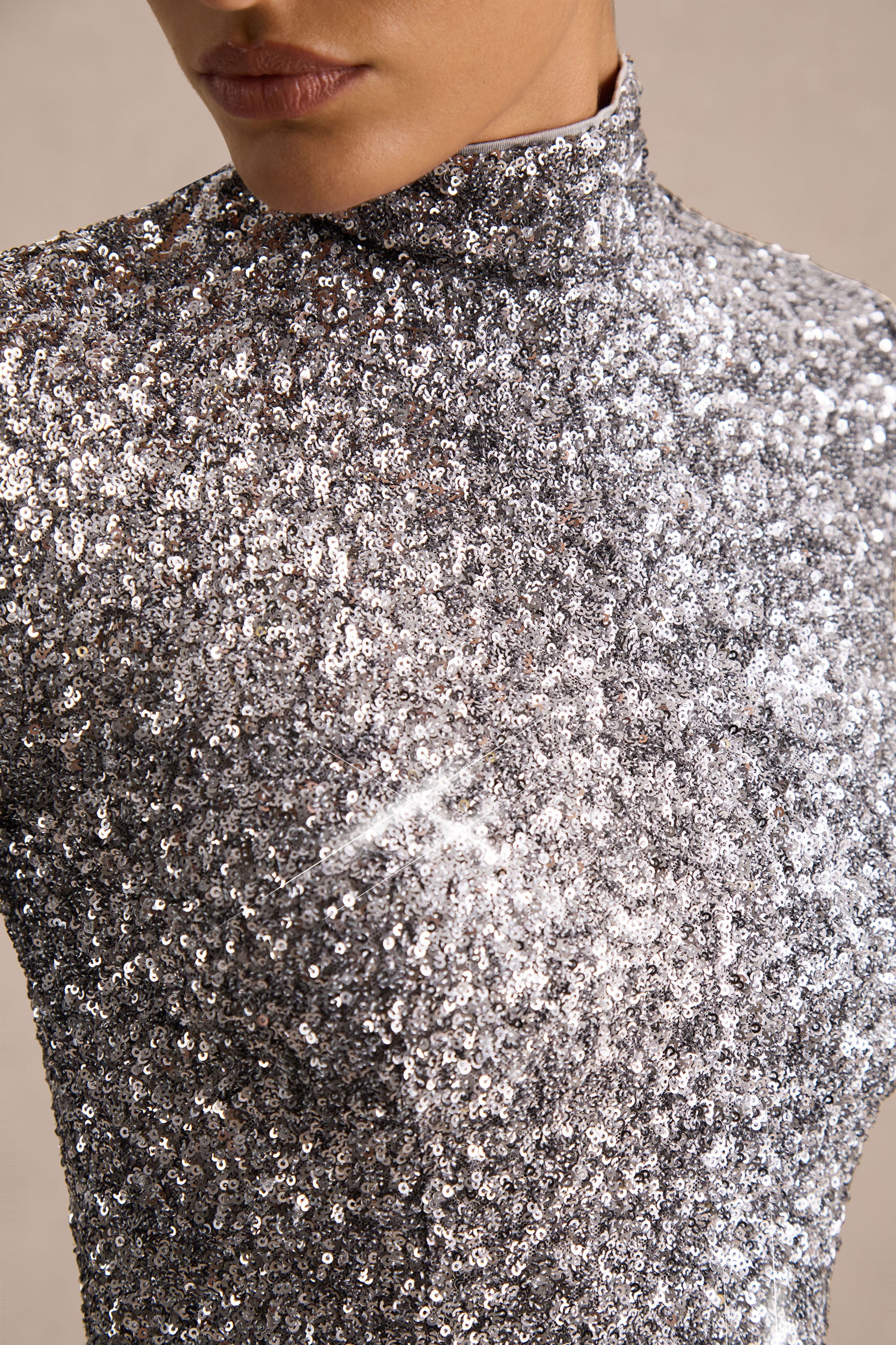 Galaxy | Silver Sequin Turtle-Neck Long-Sleeve Maxi Dress - Image 6