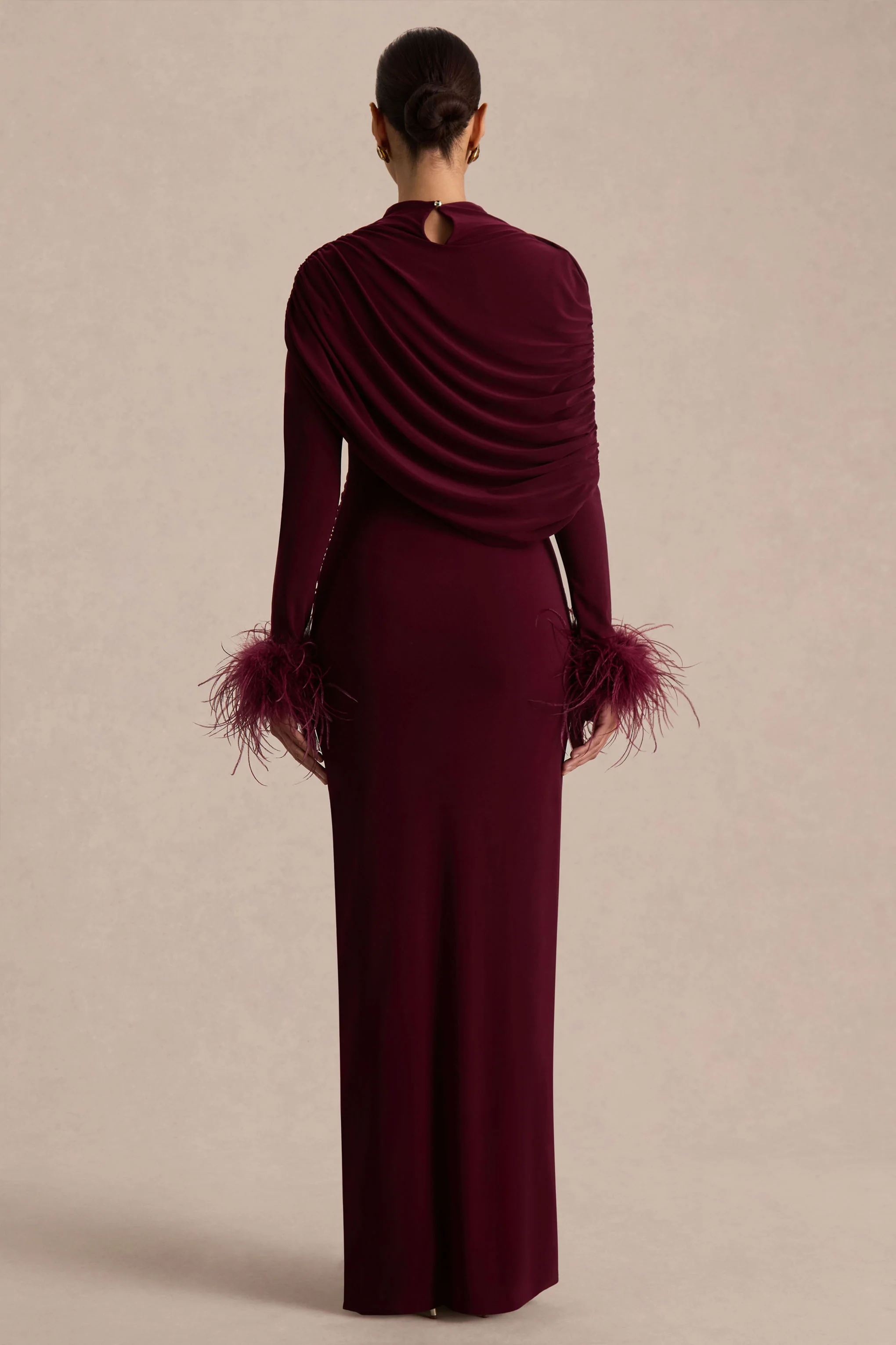 Gatsby | Burgundy High-Neck Maxi Dress With Feather Trim Cuffs - Image 2