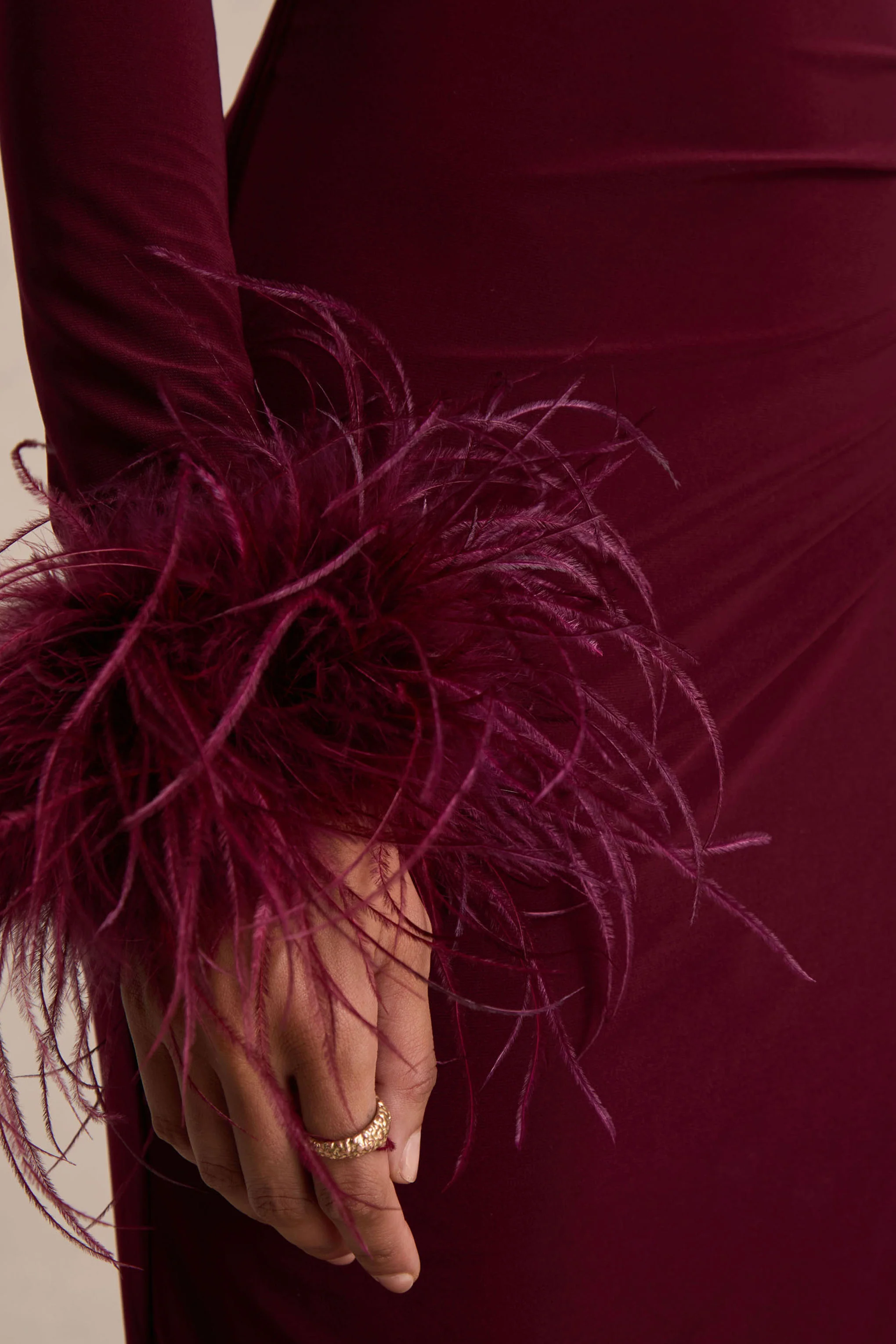 Gatsby | Burgundy High-Neck Maxi Dress With Feather Trim Cuffs - Image 3