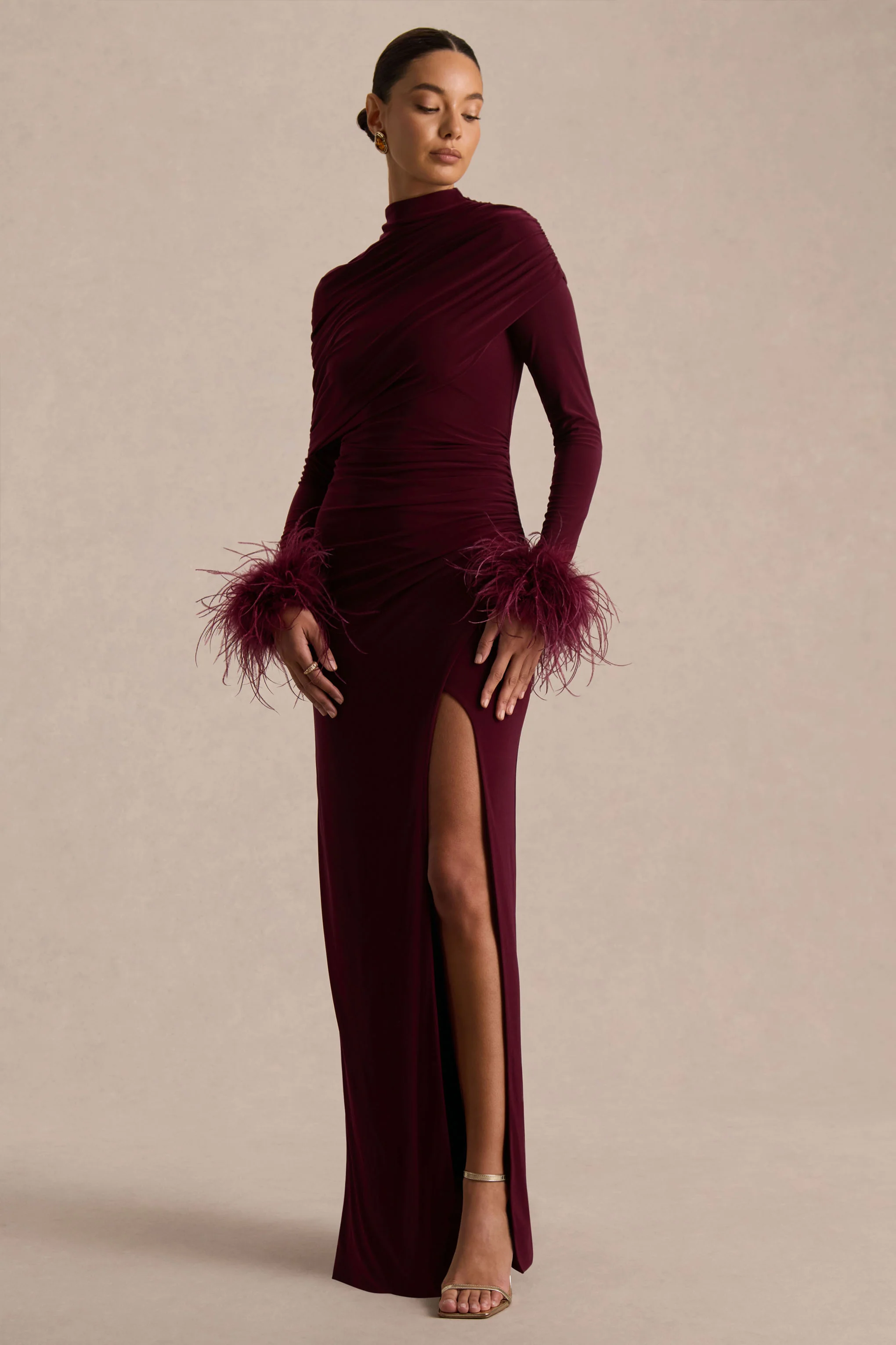Gatsby | Burgundy High-Neck Maxi Dress With Feather Trim Cuffs - Image 5