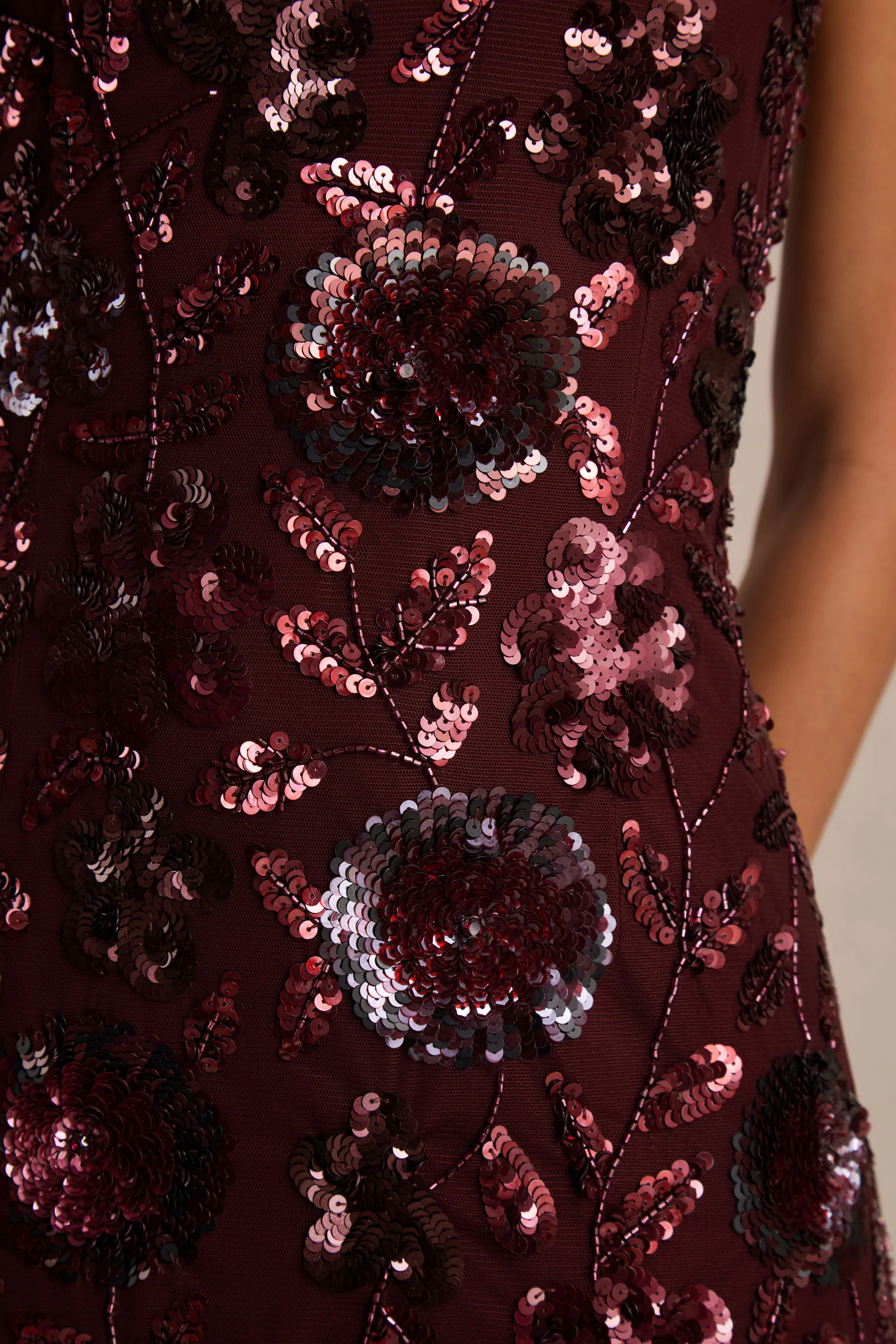 Gemini | Burgundy Floral Sequin Embellished Strappy Maxi Dress - Image 6