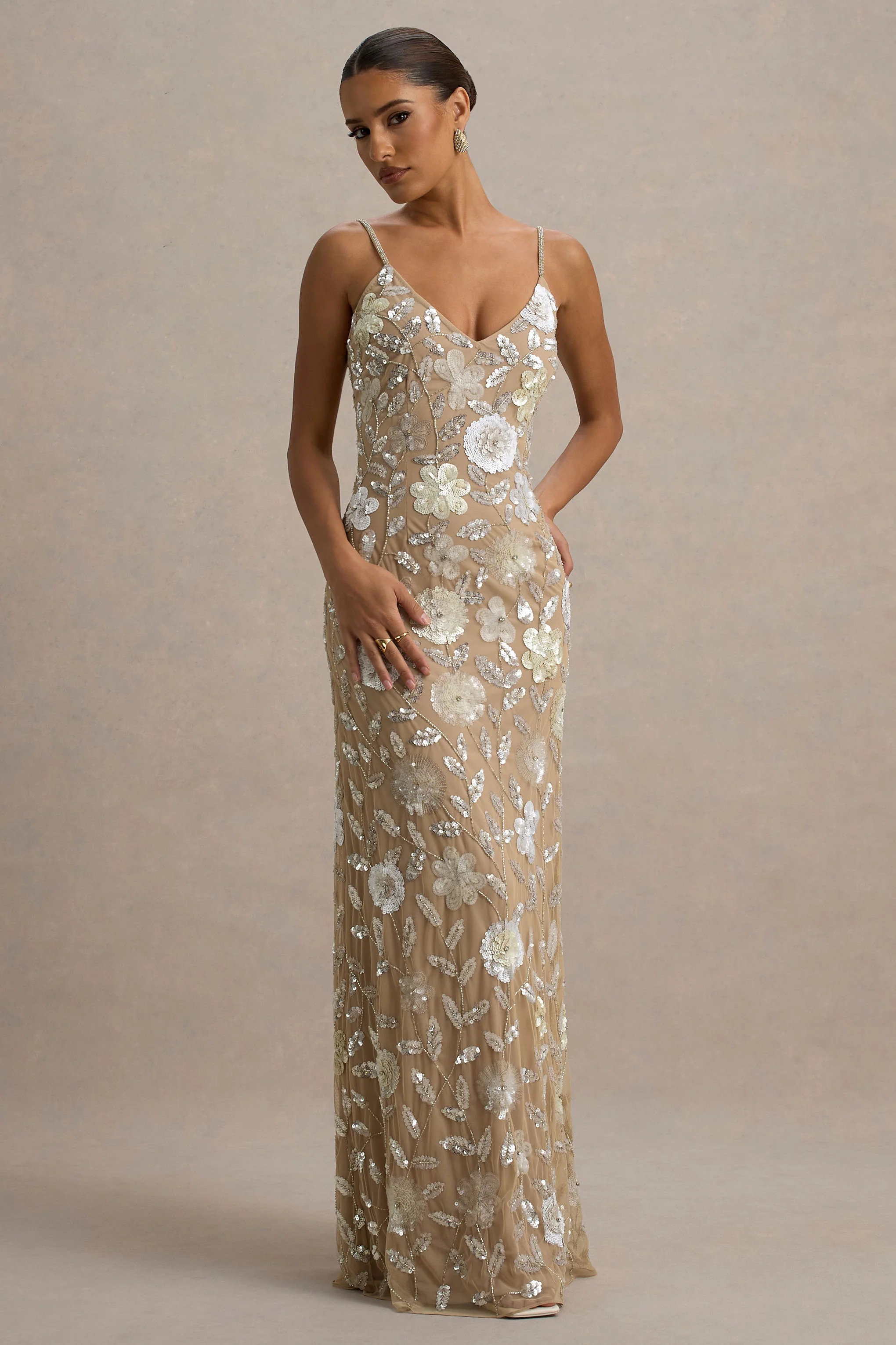 Gemini | Floral Sequin Hand-Embellished Strappy Maxi Dress - Image 5