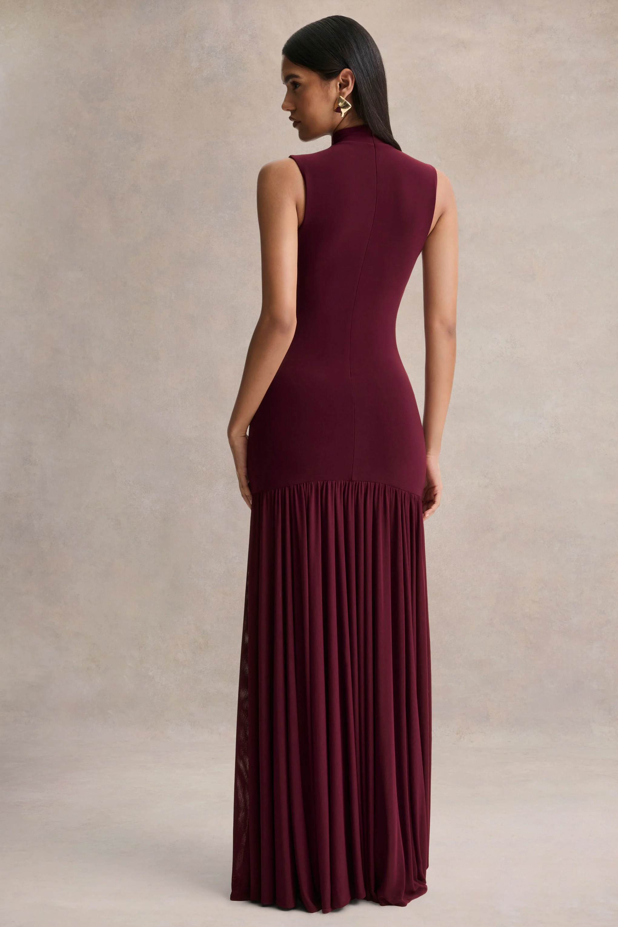 Gigi | Burgundy High-Neck Maxi Dress With Drop-Waist And Sheer Skirt - Image 2
