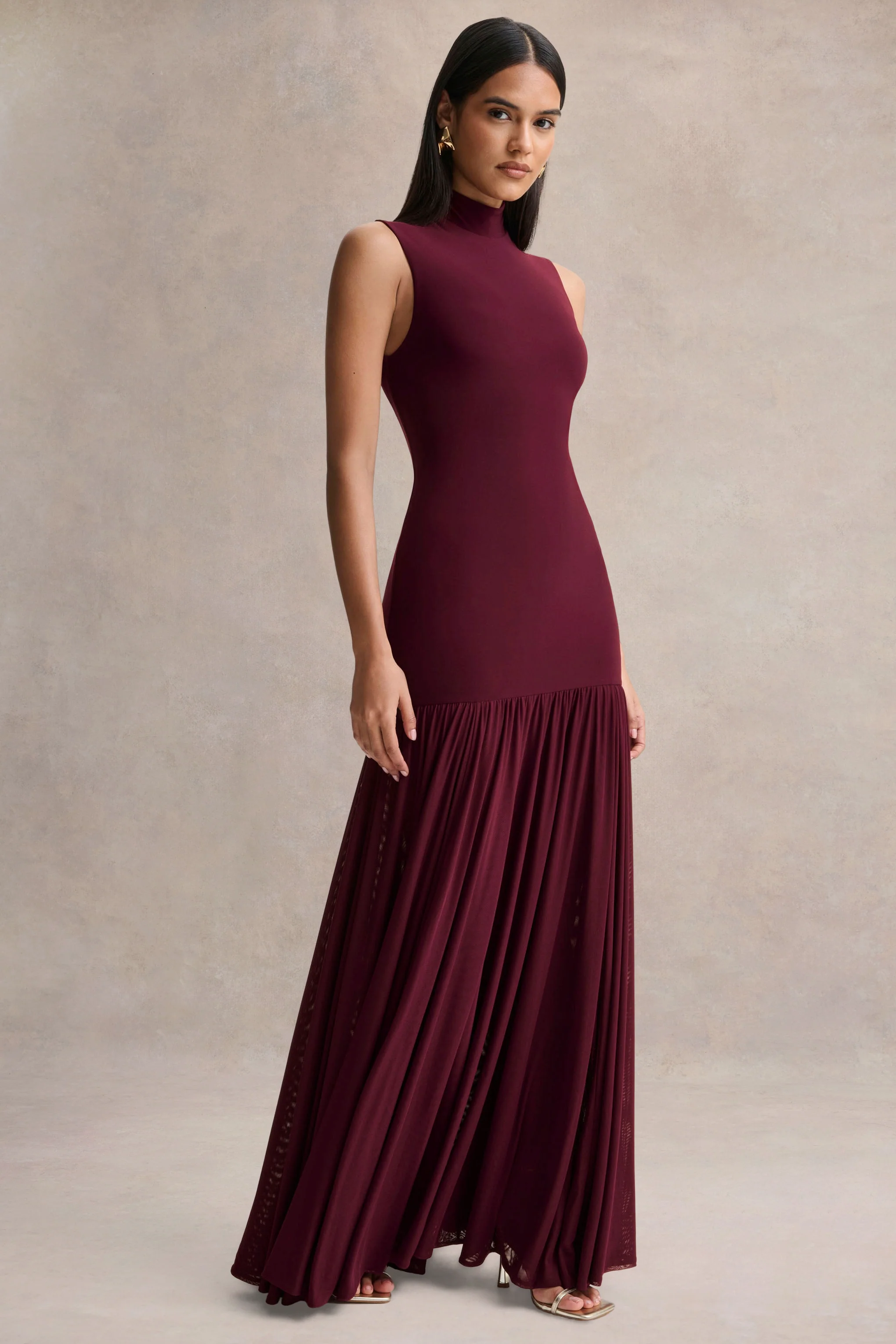 Gigi | Burgundy High-Neck Maxi Dress With Drop-Waist And Sheer Skirt - Image 3