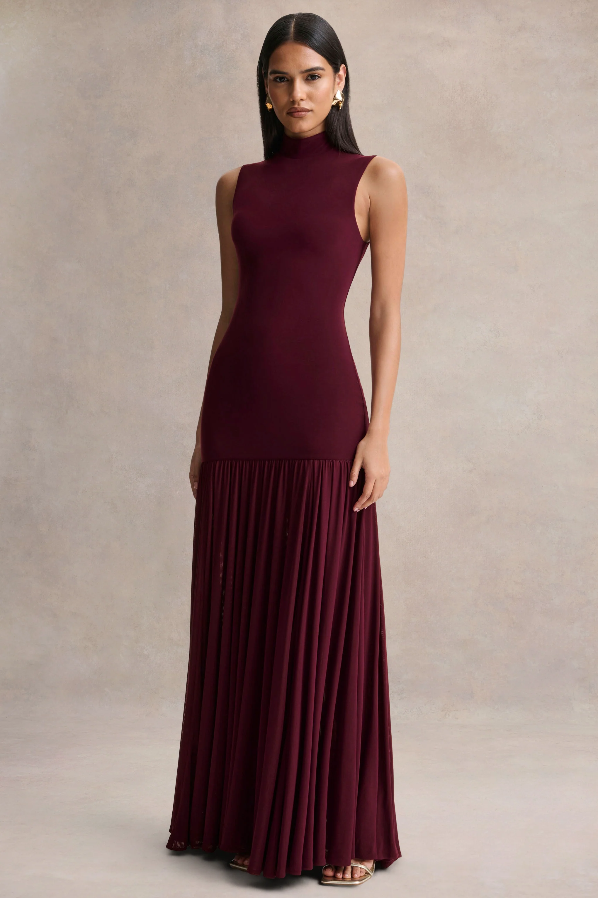Gigi | Burgundy High-Neck Maxi Dress With Drop-Waist And Sheer Skirt - Image 5