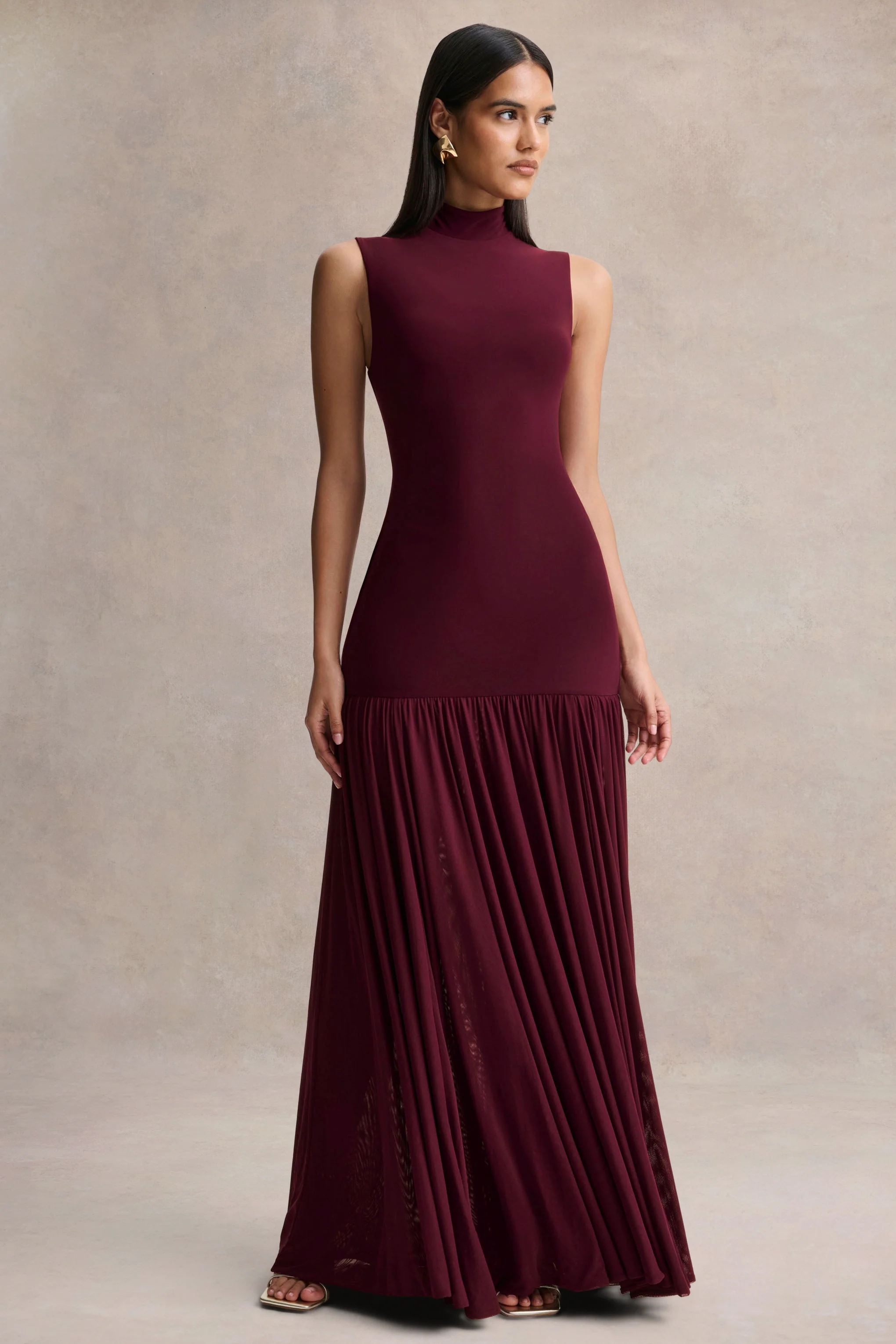 Gigi | Burgundy High-Neck Maxi Dress With Drop-Waist And Sheer Skirt - Image 6