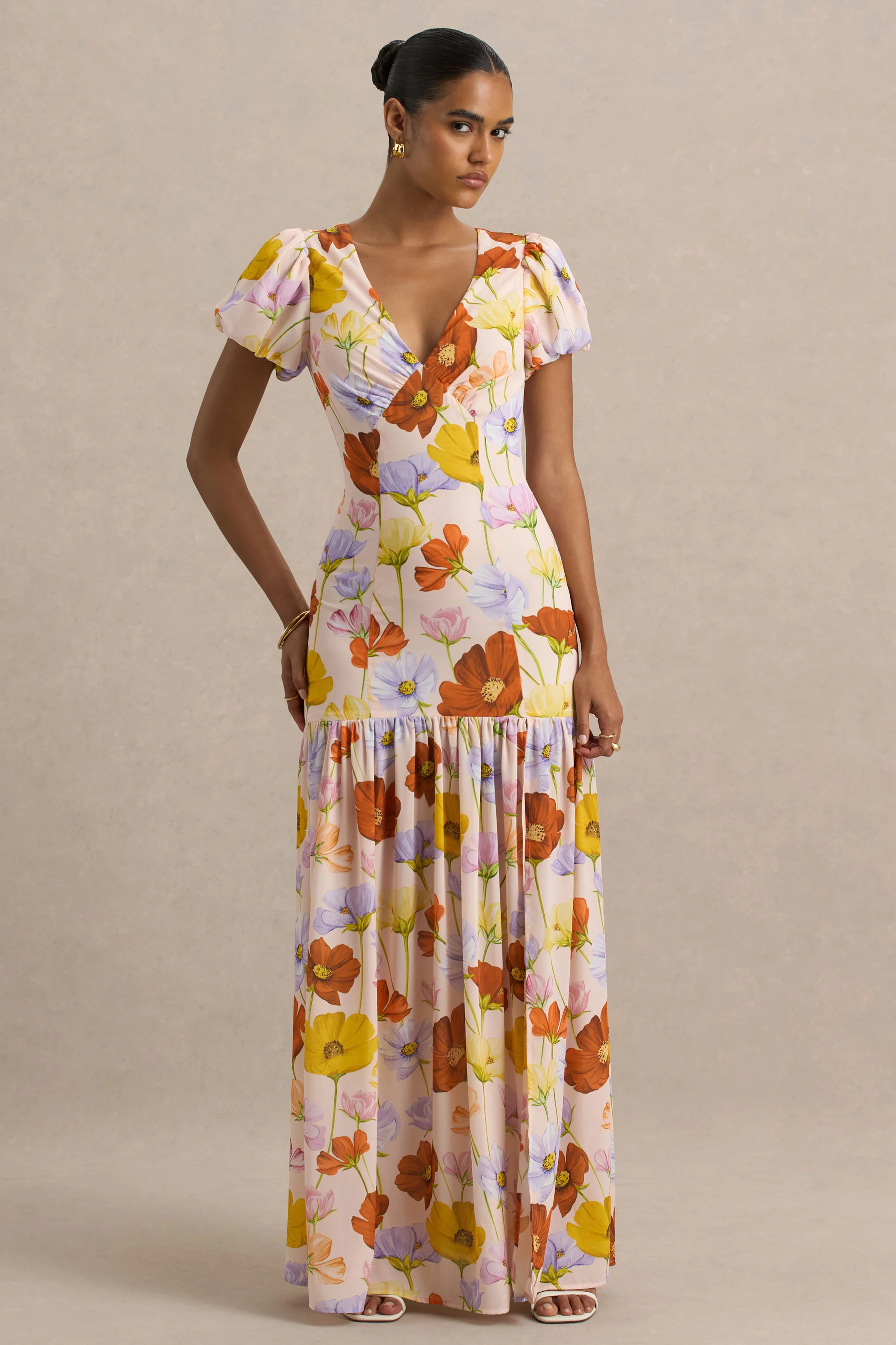 Ginny | Bright Floral Print Puff-Sleeve Split Maxi Dress - Image 3