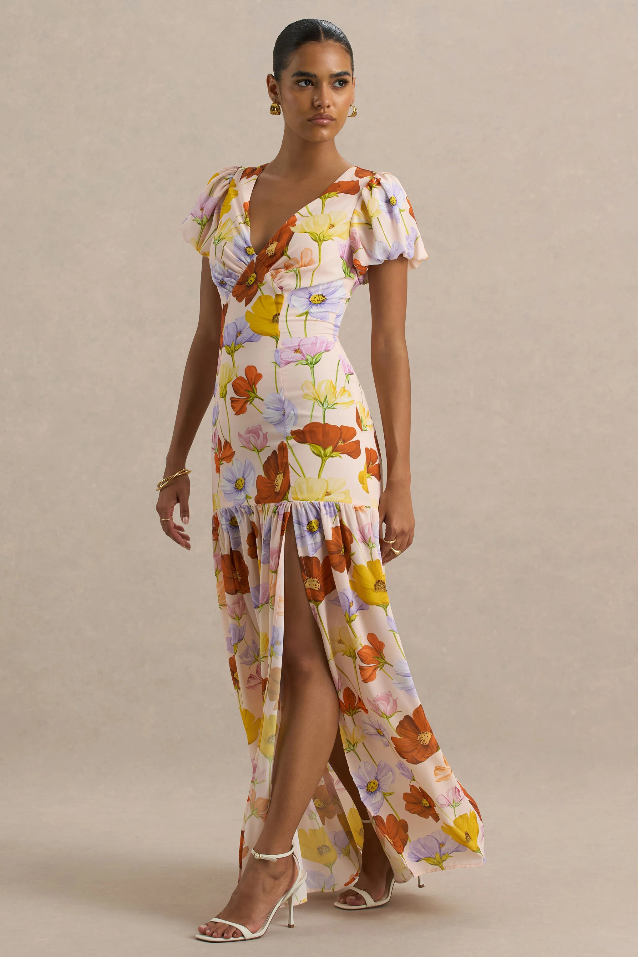 Ginny | Bright Floral Print Puff-Sleeve Split Maxi Dress - Image 4