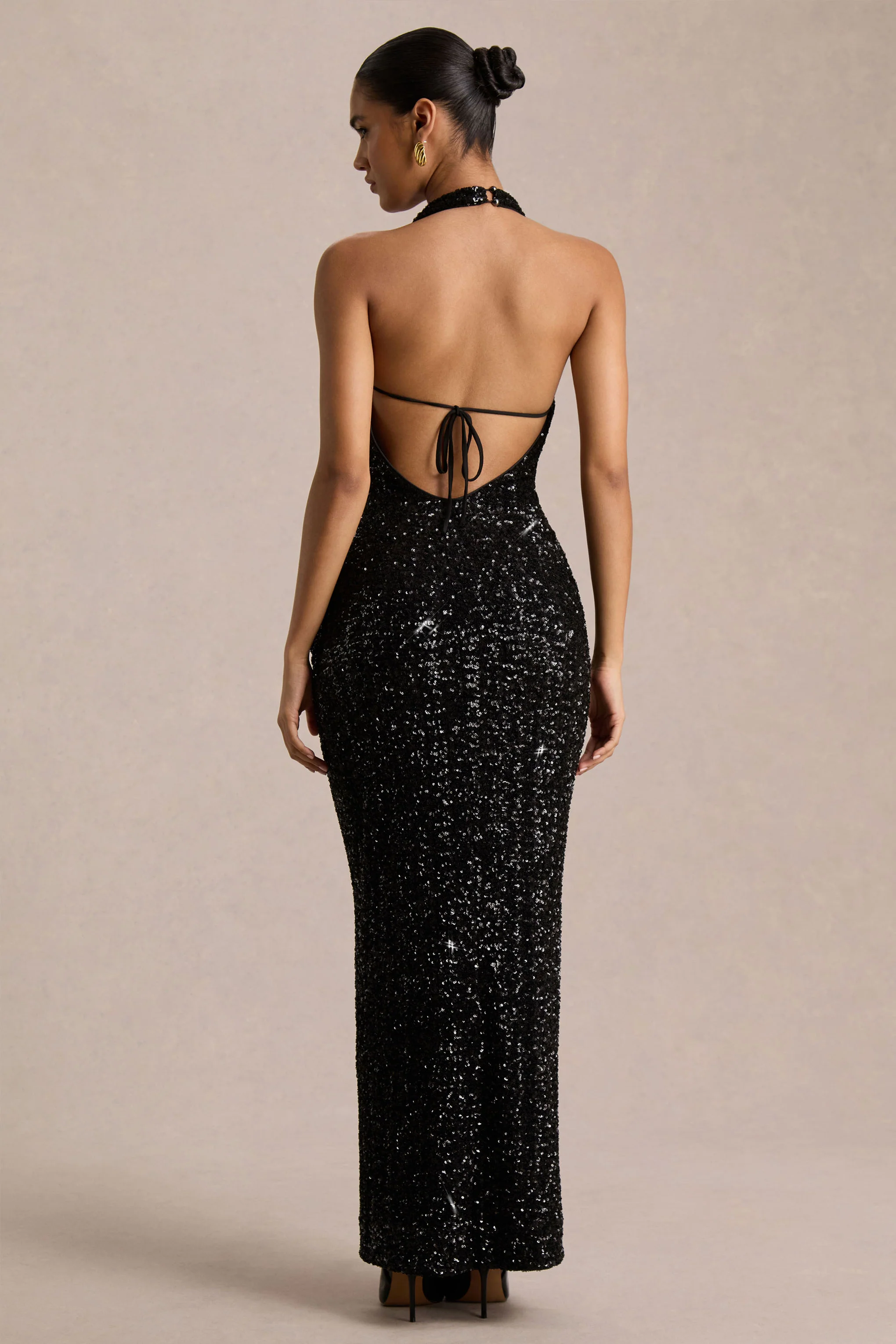 Gio | Black Sequin Plunge-Neck Wrap Maxi Dress With Ruched Detailing - Image 2