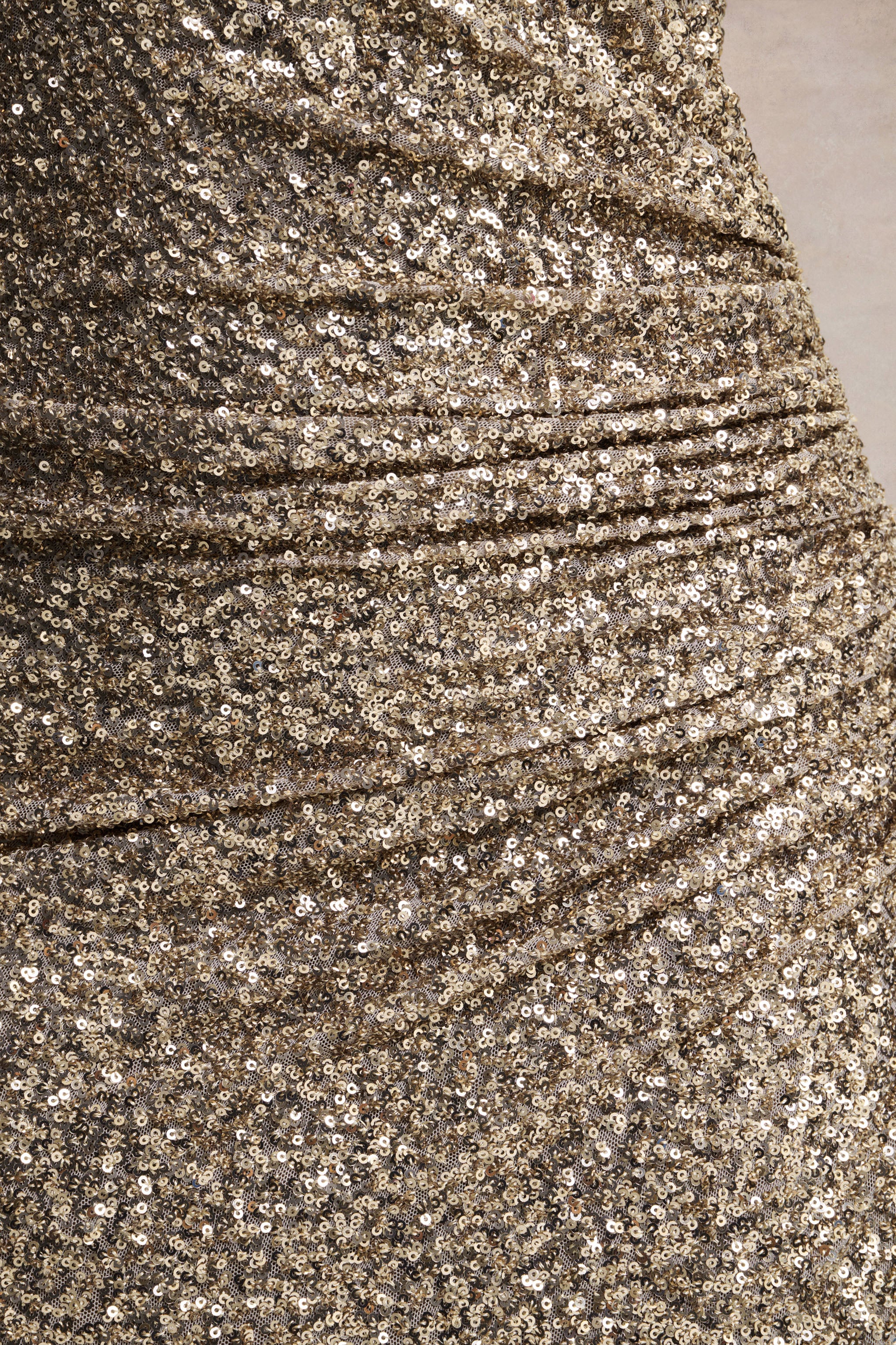 Gio | Champagne Sequin Plunge-Neck Wrap Maxi Dress With Ruched Detailing - Image 7