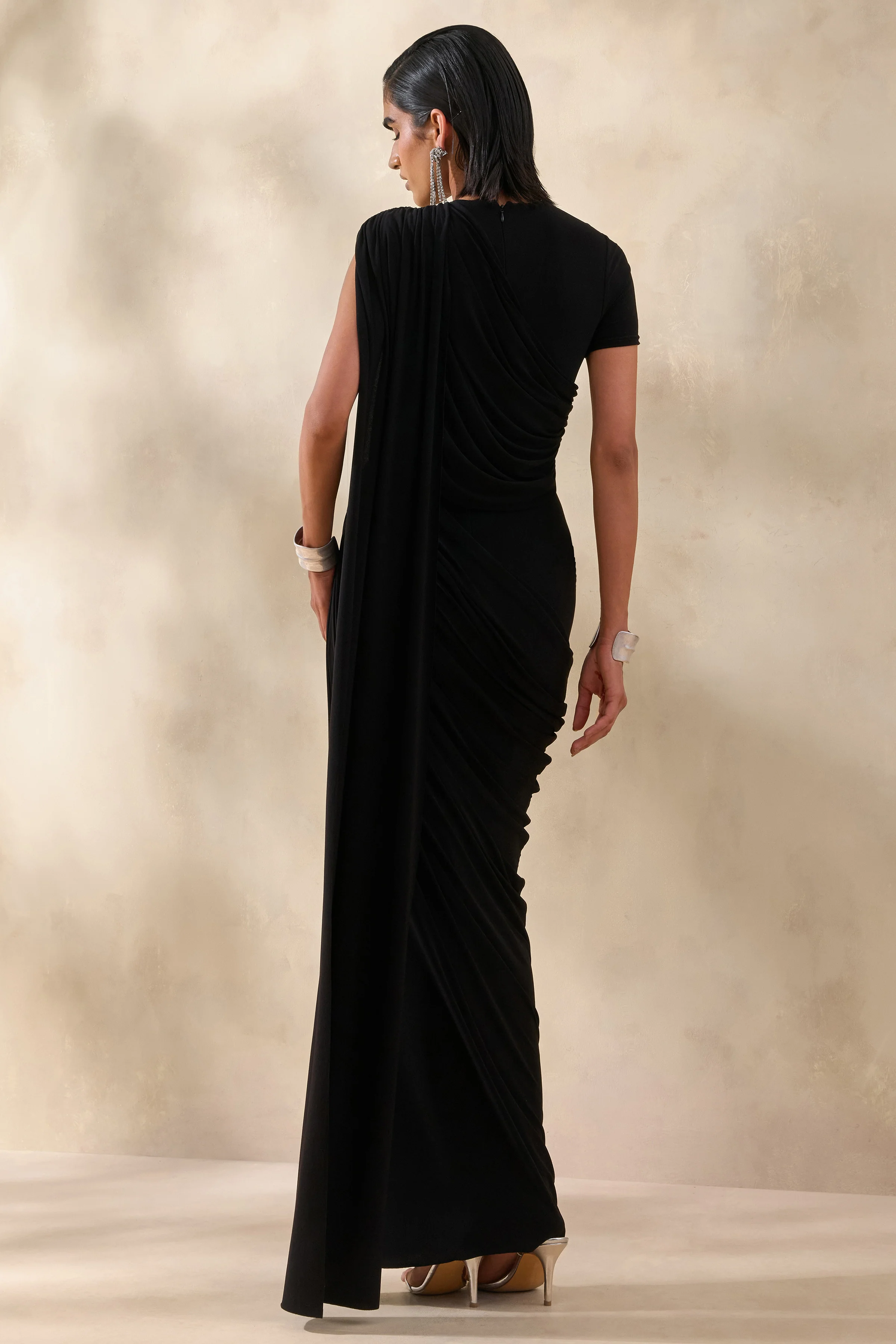 Gisara | Black High-Neck Maxi Dress With Sash And Draped-Detailing - Image 2