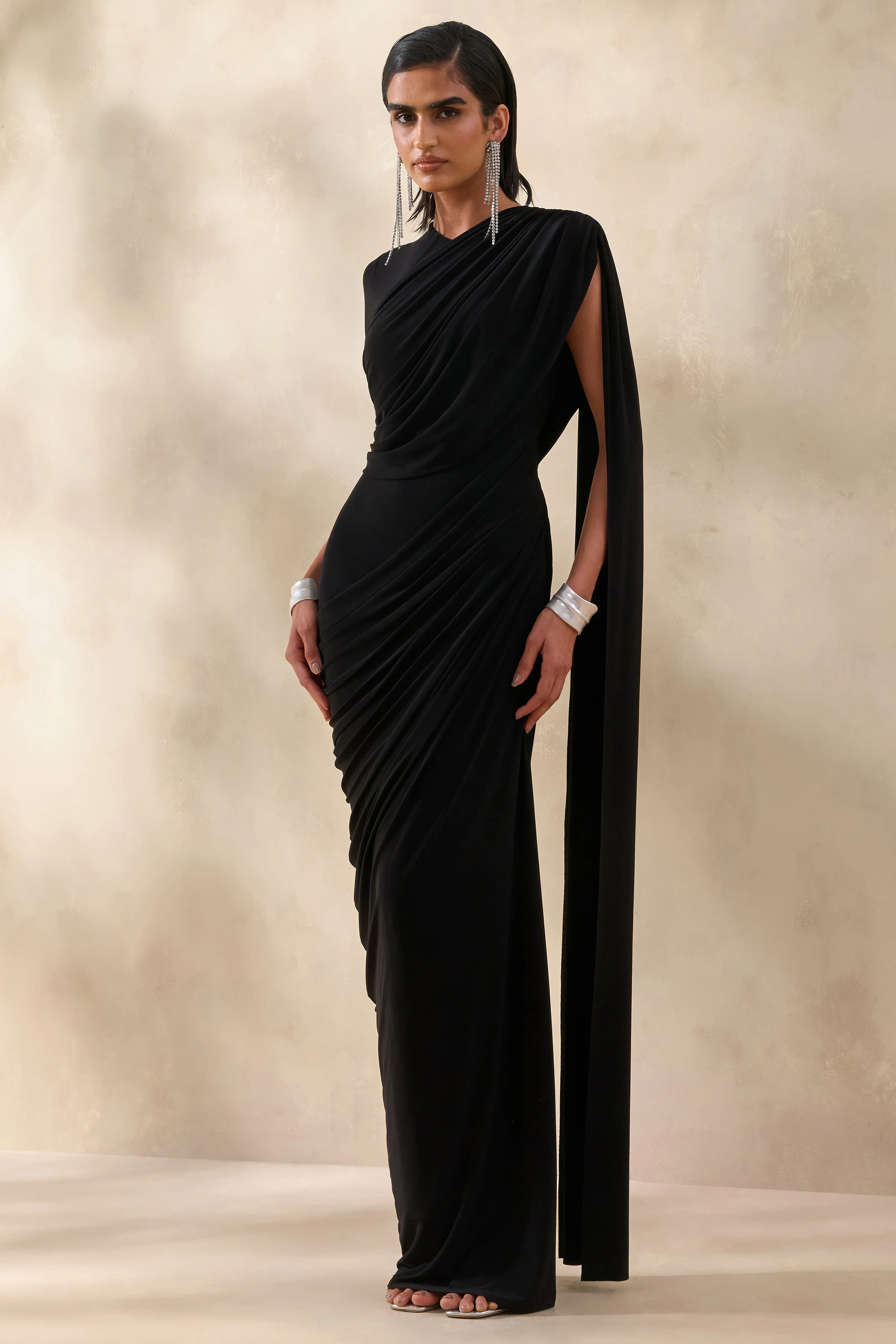 Gisara | Black High-Neck Maxi Dress With Sash And Draped-Detailing - Image 5