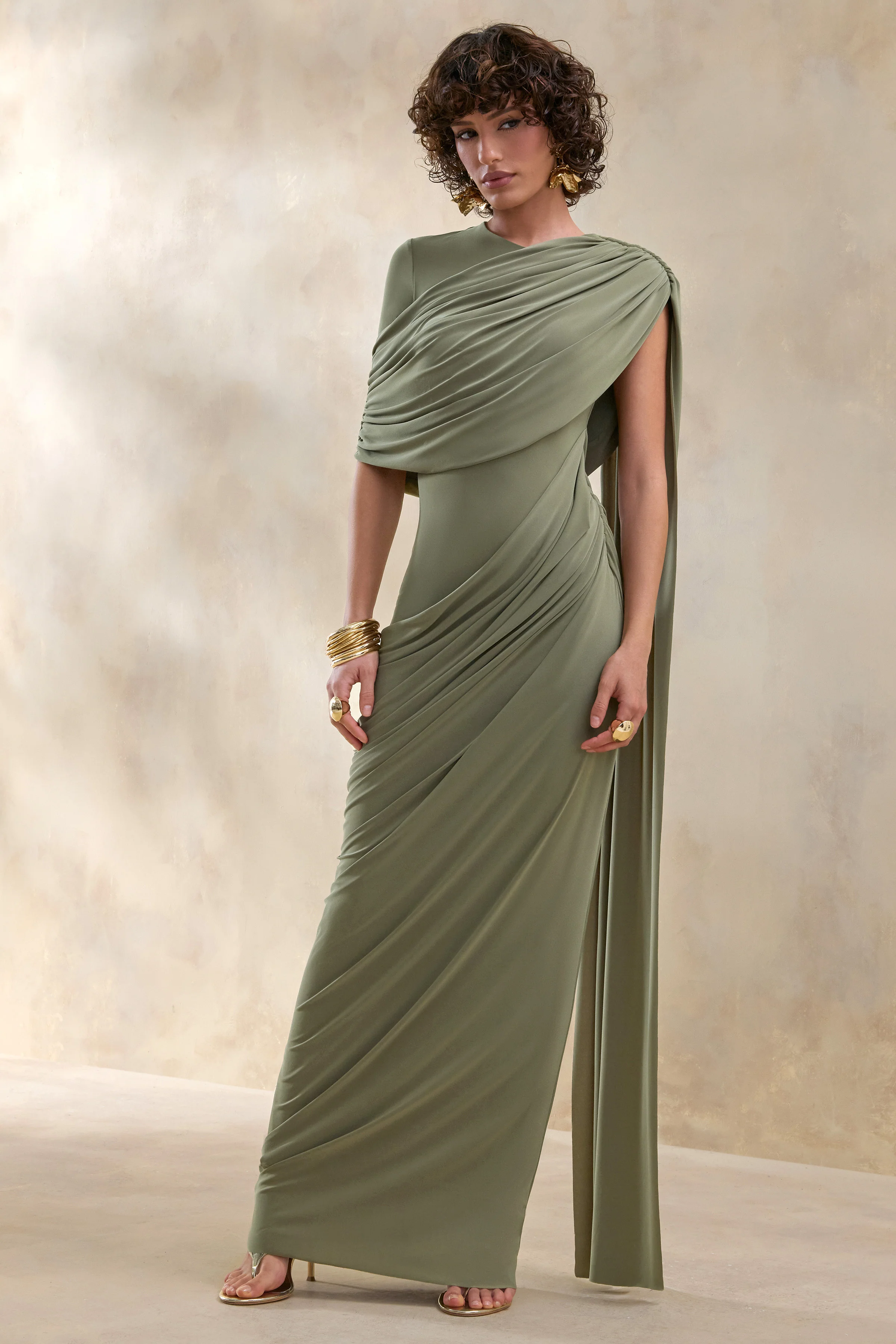Gisara | Olive High-Neck Maxi Dress With Sash And Draped-Detailing - Image 4