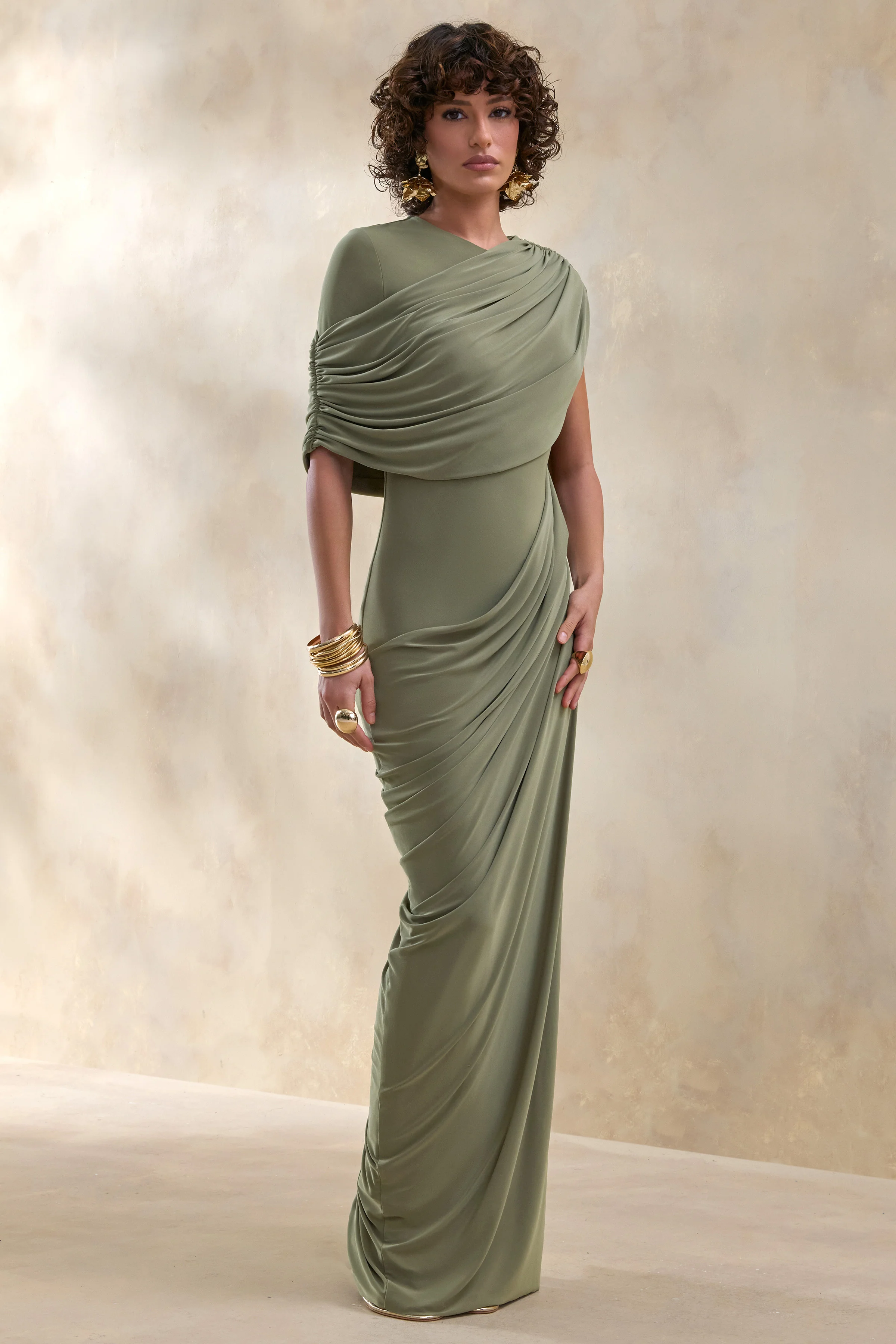 Gisara | Olive High-Neck Maxi Dress With Sash And Draped-Detailing - Image 5