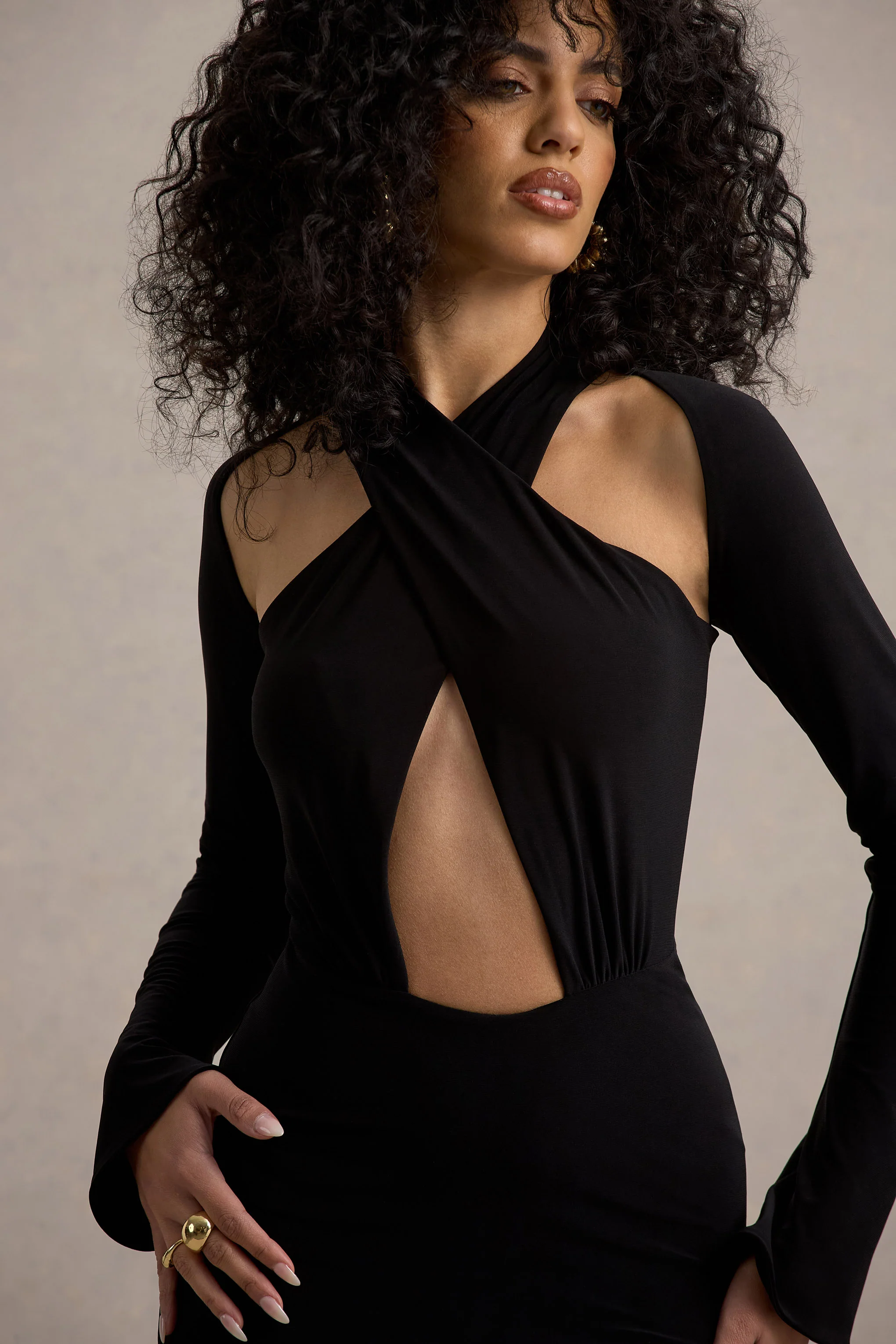 Gita | Black Halter-Neck Long-Sleeve Maxi Dress - Image 3