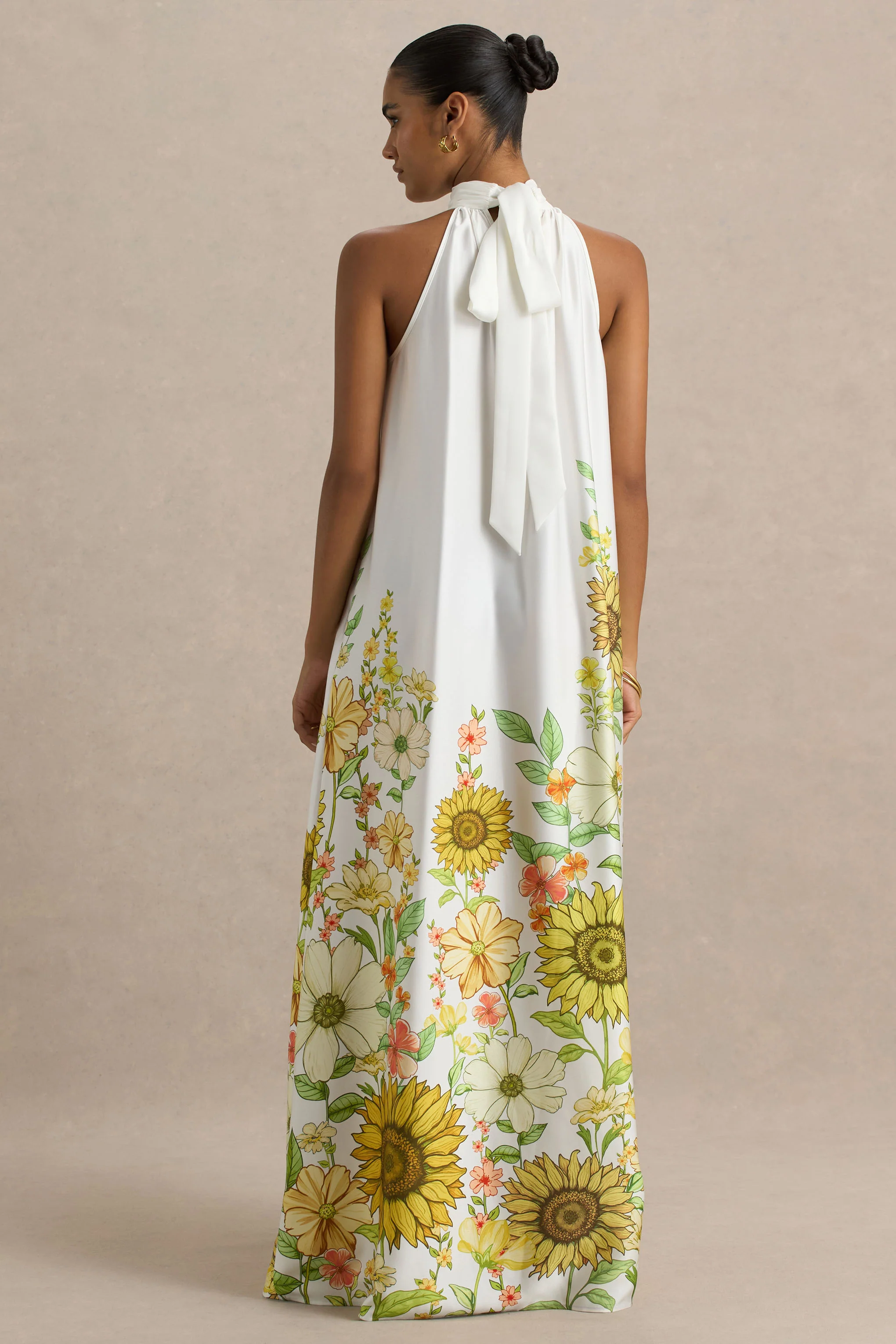 Glide | Sunflower Print Satin High-Neck Slip Maxi Dress - Image 2