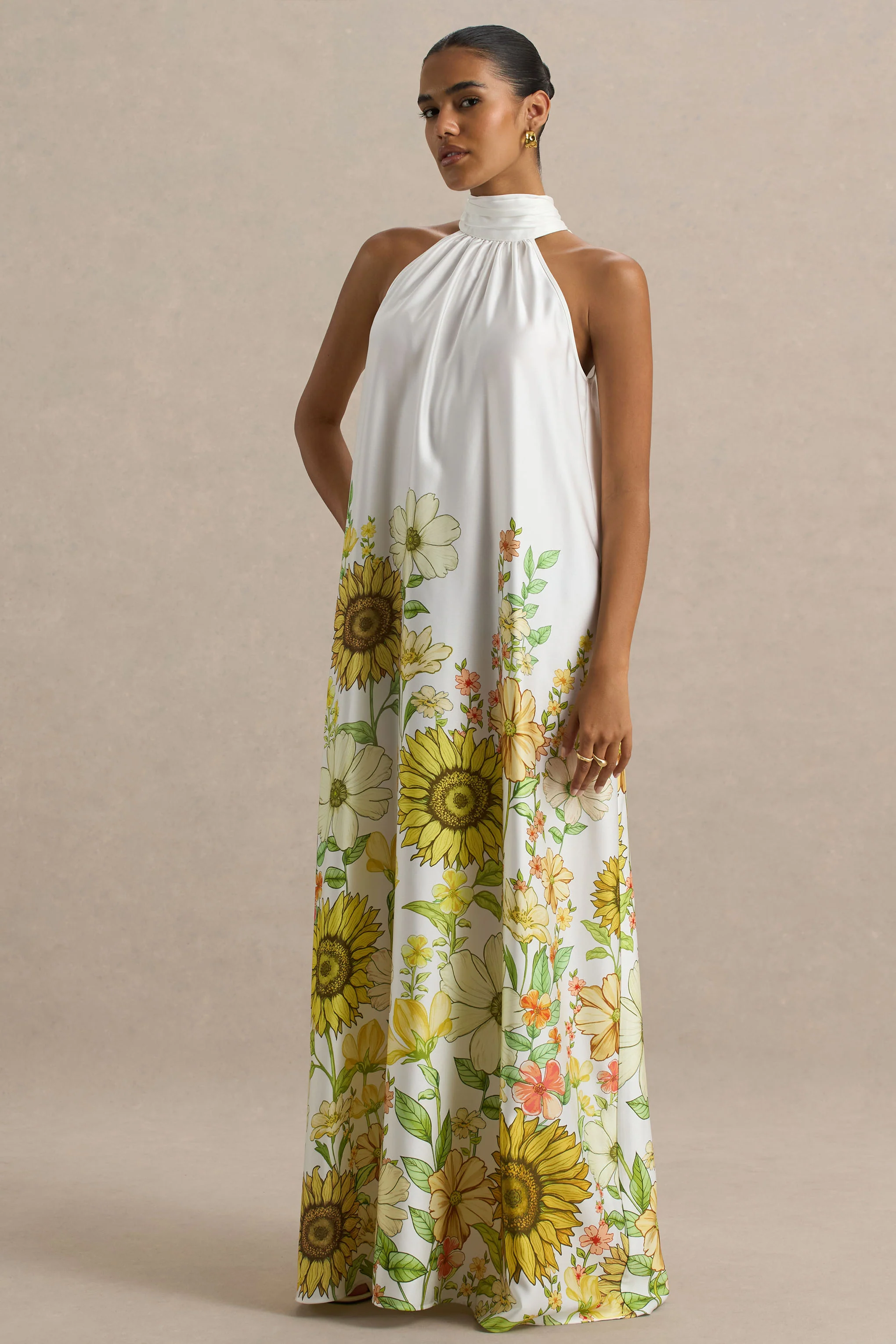 Glide | Sunflower Print Satin High-Neck Slip Maxi Dress - Image 7