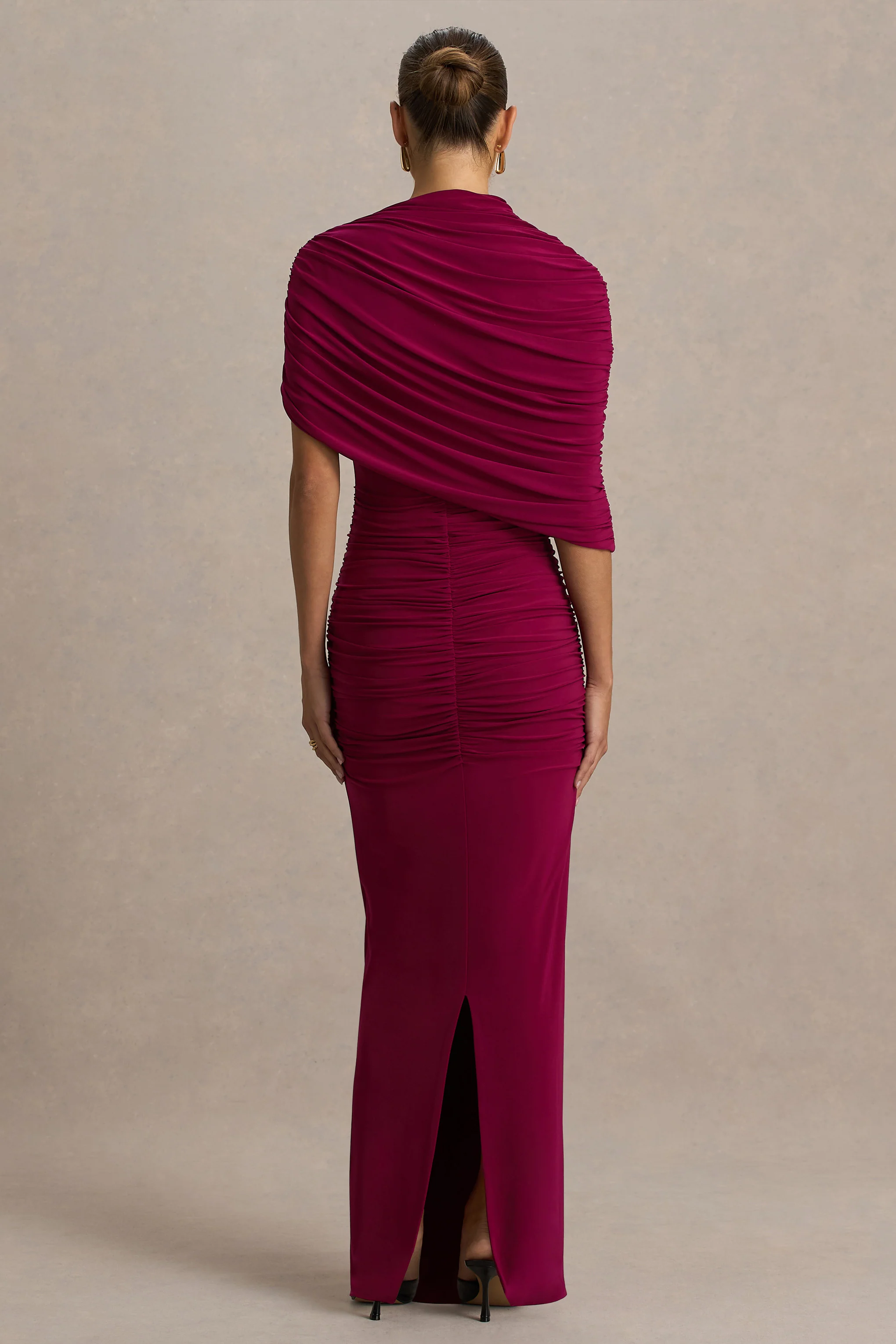 Glitz | Burgundy High-Neck Maxi Dress With Cape Sleeve and Ruched Detailing - Image 2