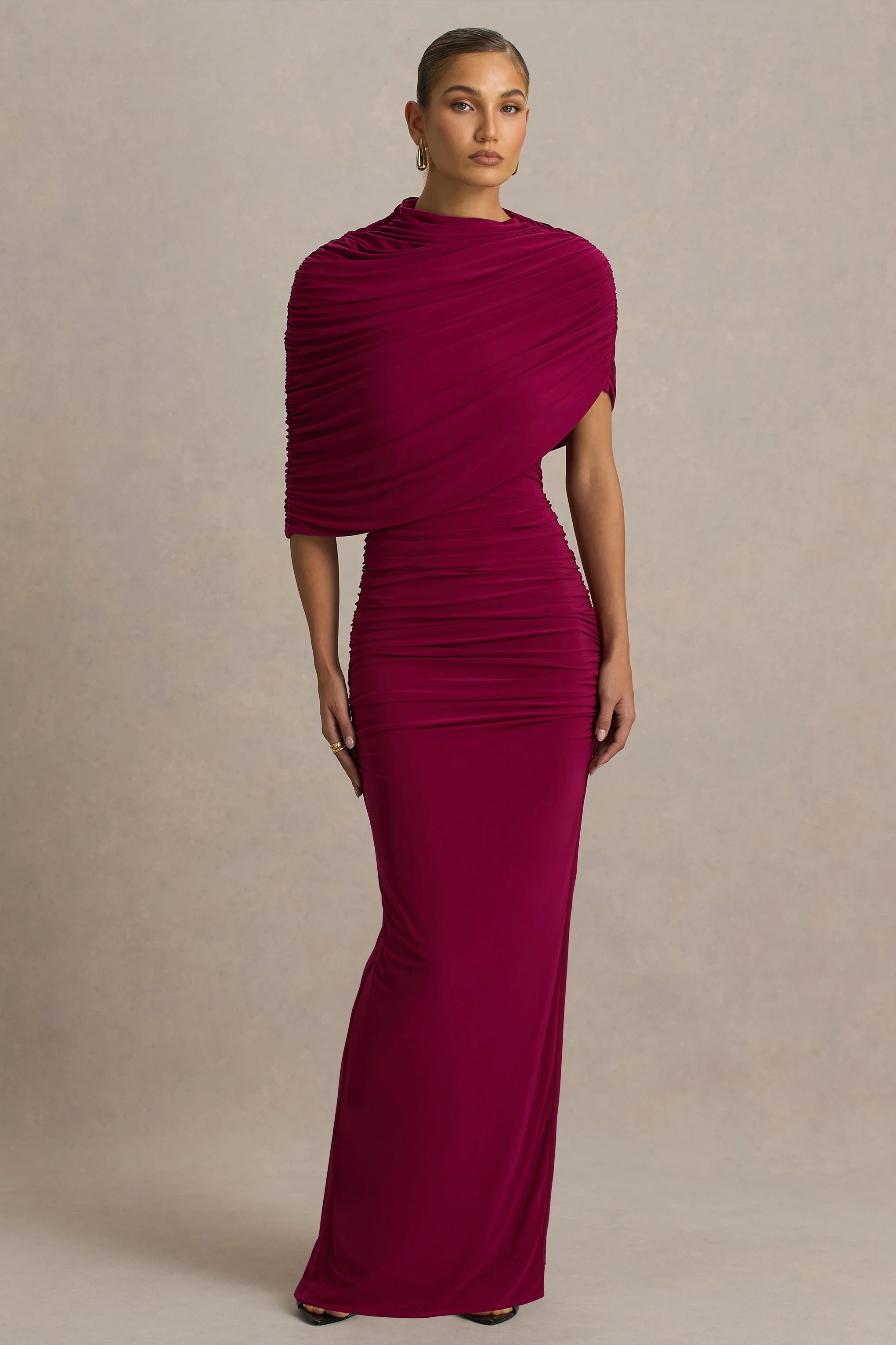 Glitz | Burgundy High-Neck Maxi Dress With Cape Sleeve and Ruched Detailing - Image 3