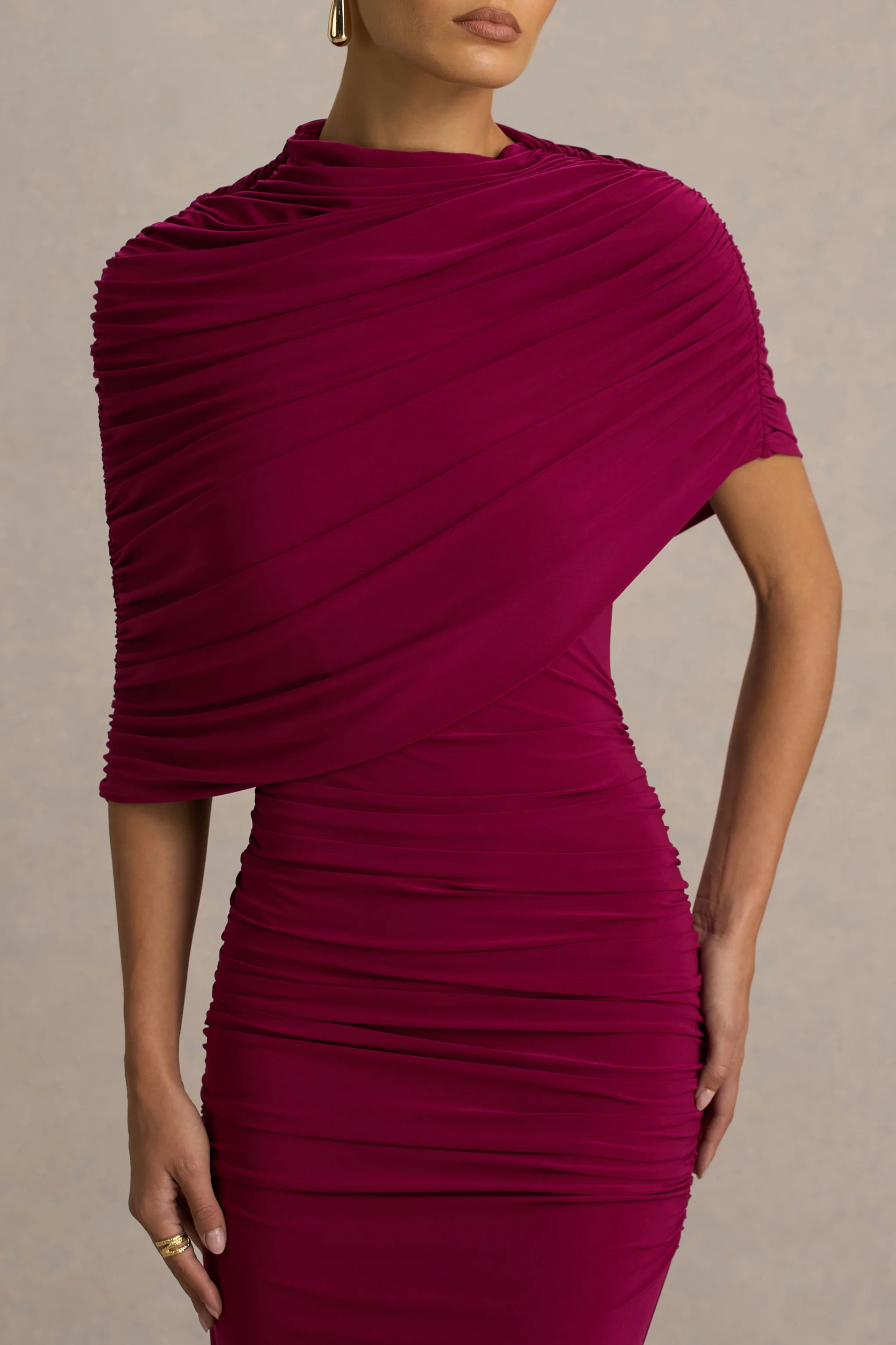 Glitz | Burgundy High-Neck Maxi Dress With Cape Sleeve and Ruched Detailing - Image 4