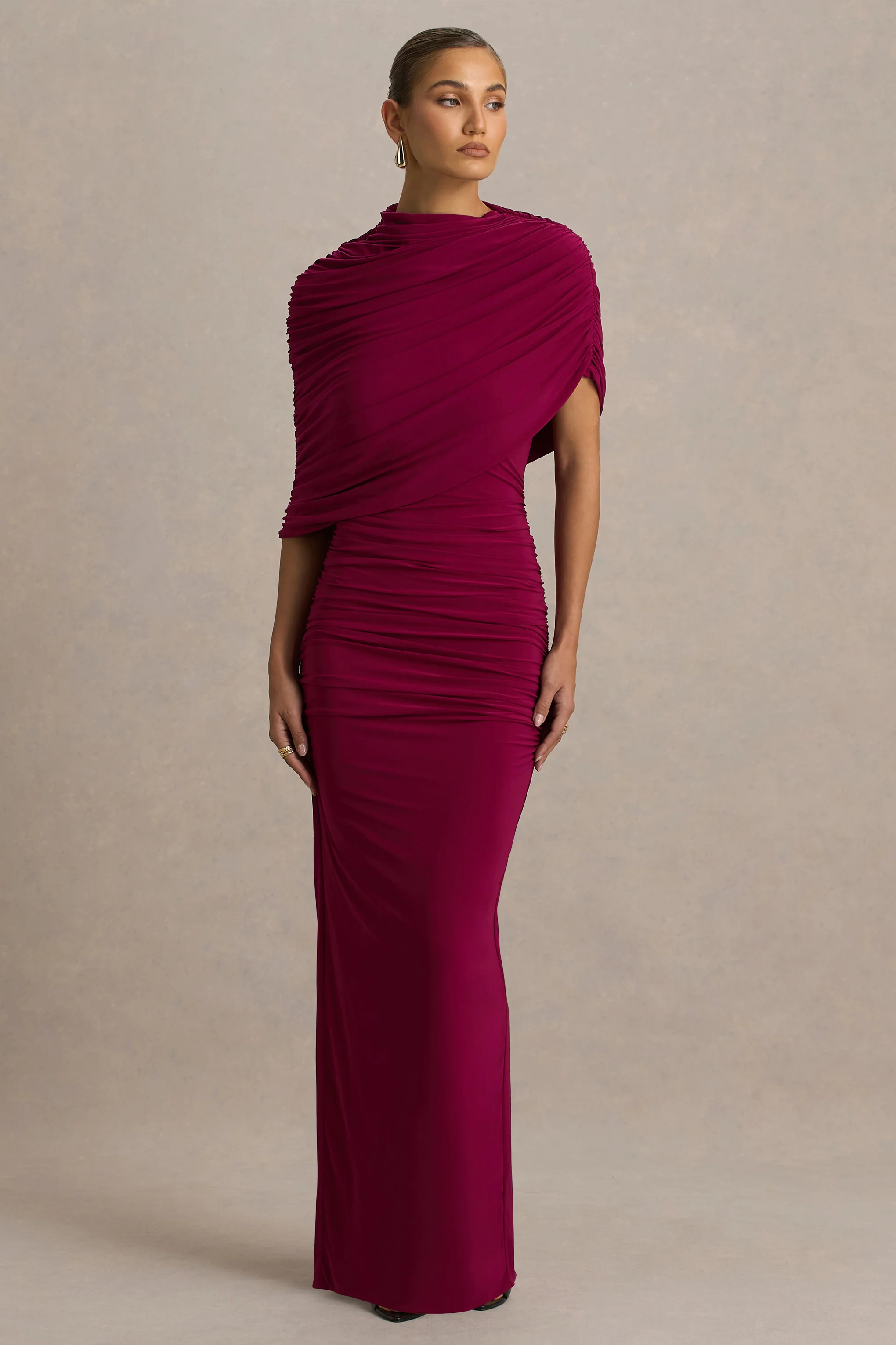 Glitz | Burgundy High-Neck Maxi Dress With Cape Sleeve and Ruched Detailing - Image 5