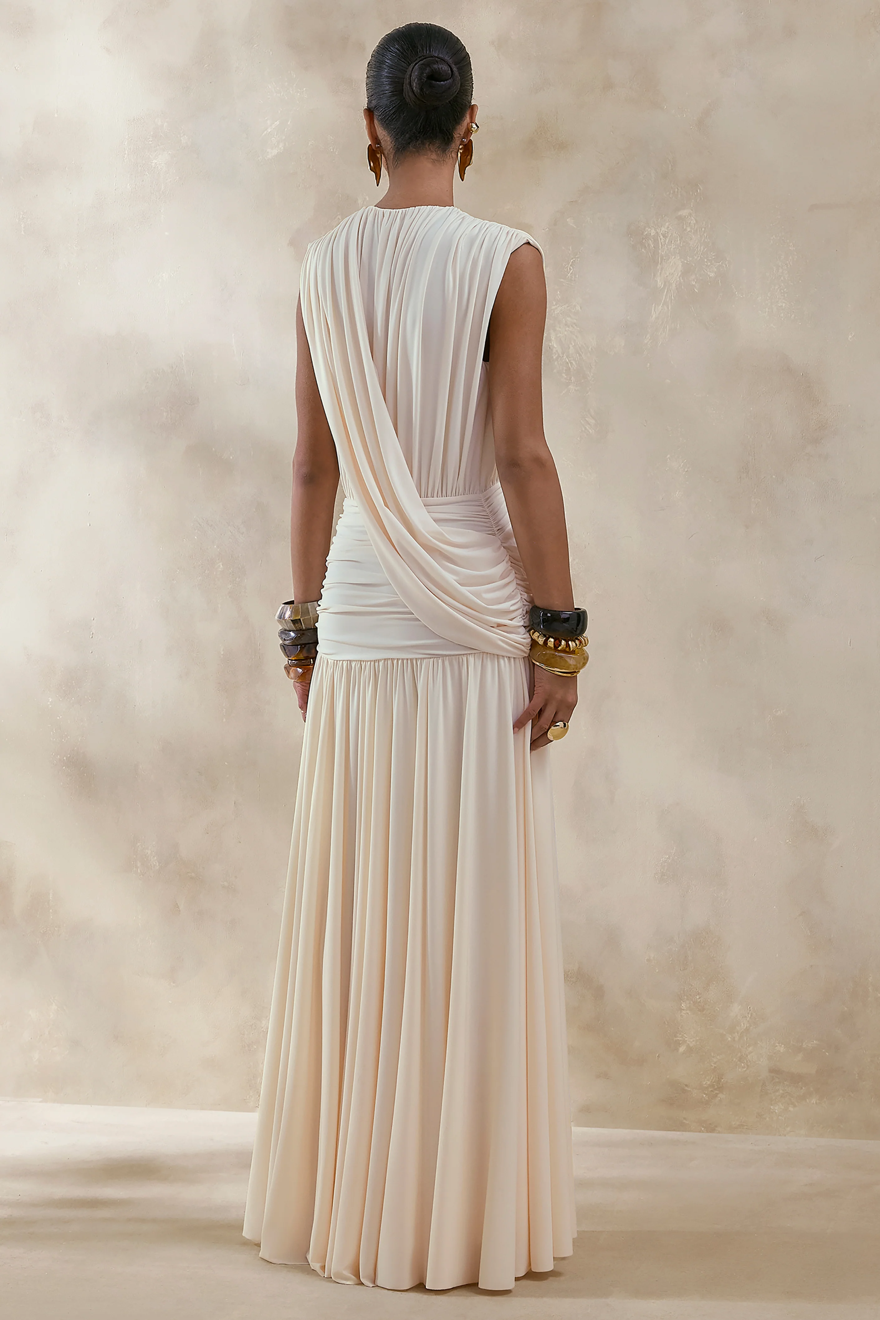 Glorina | Cream Plunge-Neck Maxi Dress With Draped-Detailing - Image 2