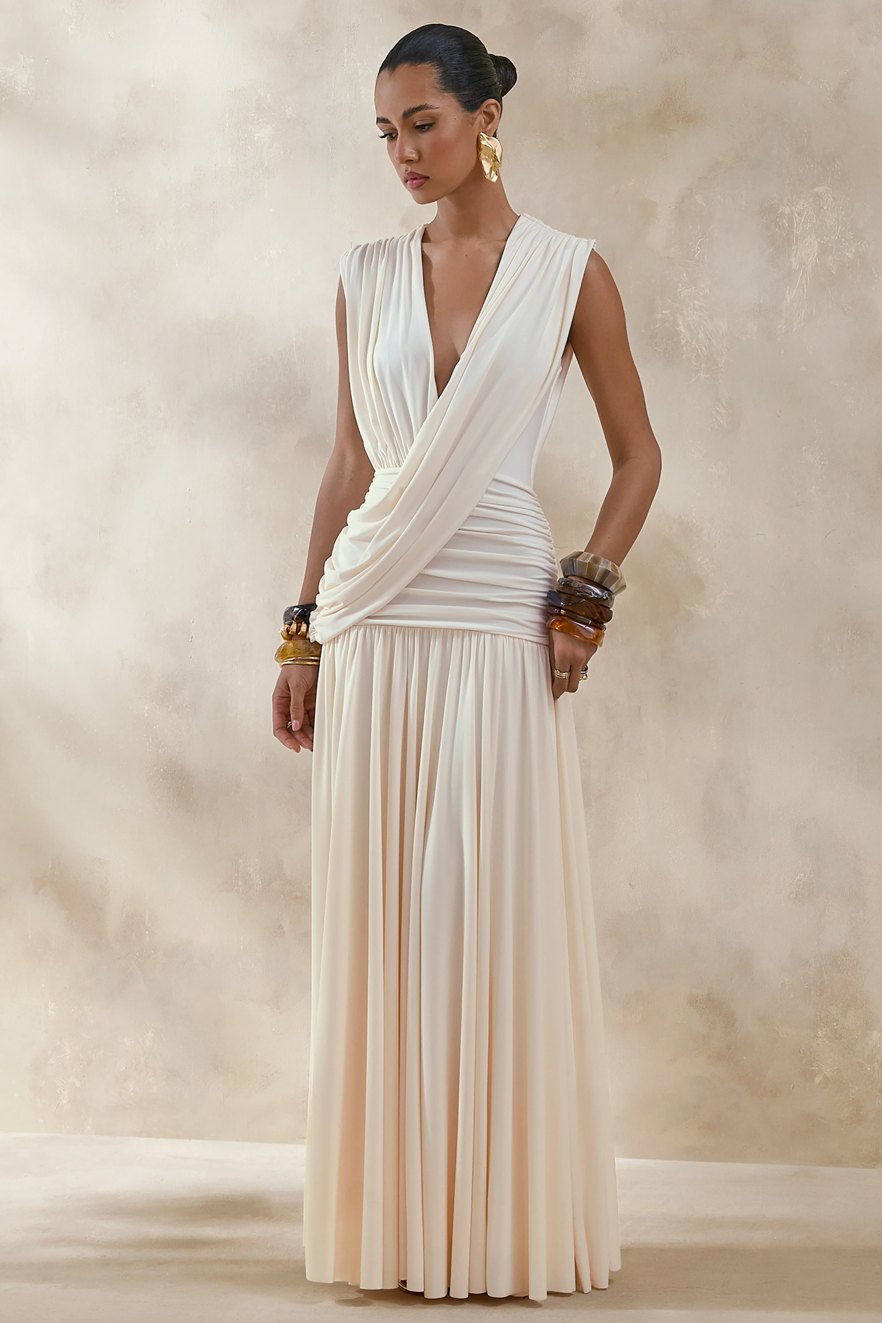 Glorina | Cream Plunge-Neck Maxi Dress With Draped-Detailing - Image 4