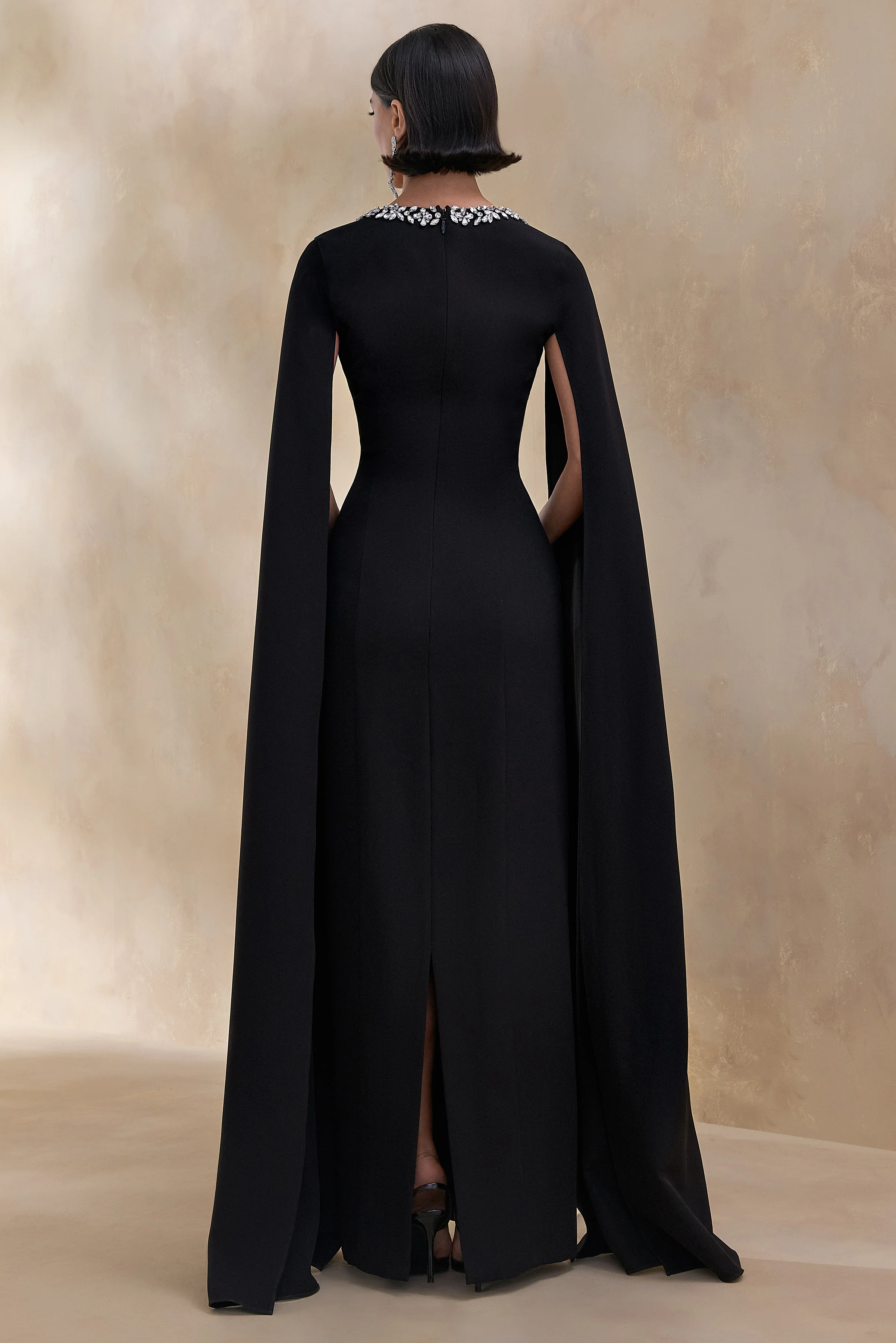 Glossy | Black Woven Square-Neck Maxi Dress With Cape Sleeves and Hand-Embellished Detail - Image 2