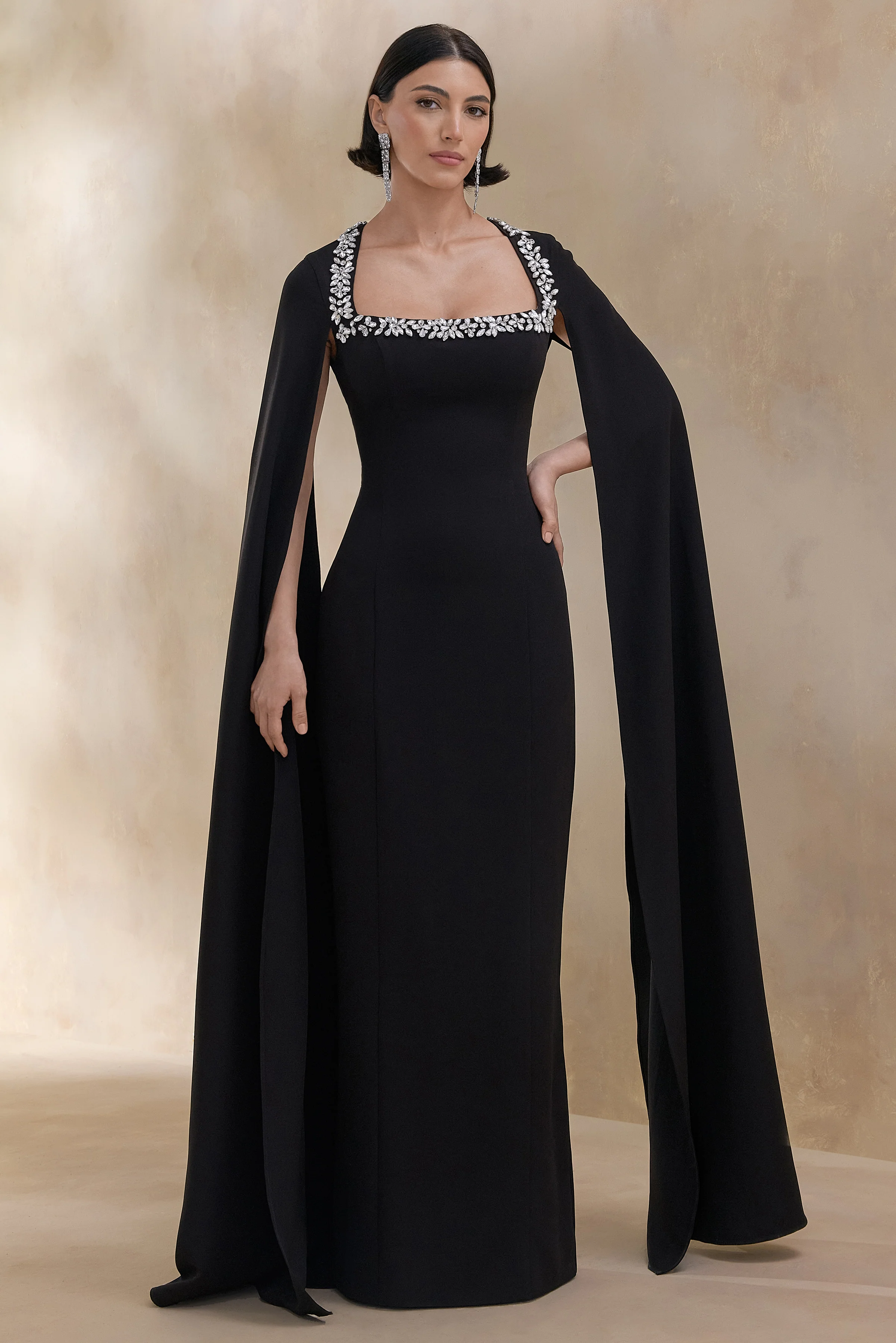 Glossy | Black Woven Square-Neck Maxi Dress With Cape Sleeves and Hand-Embellished Detail - Image 4