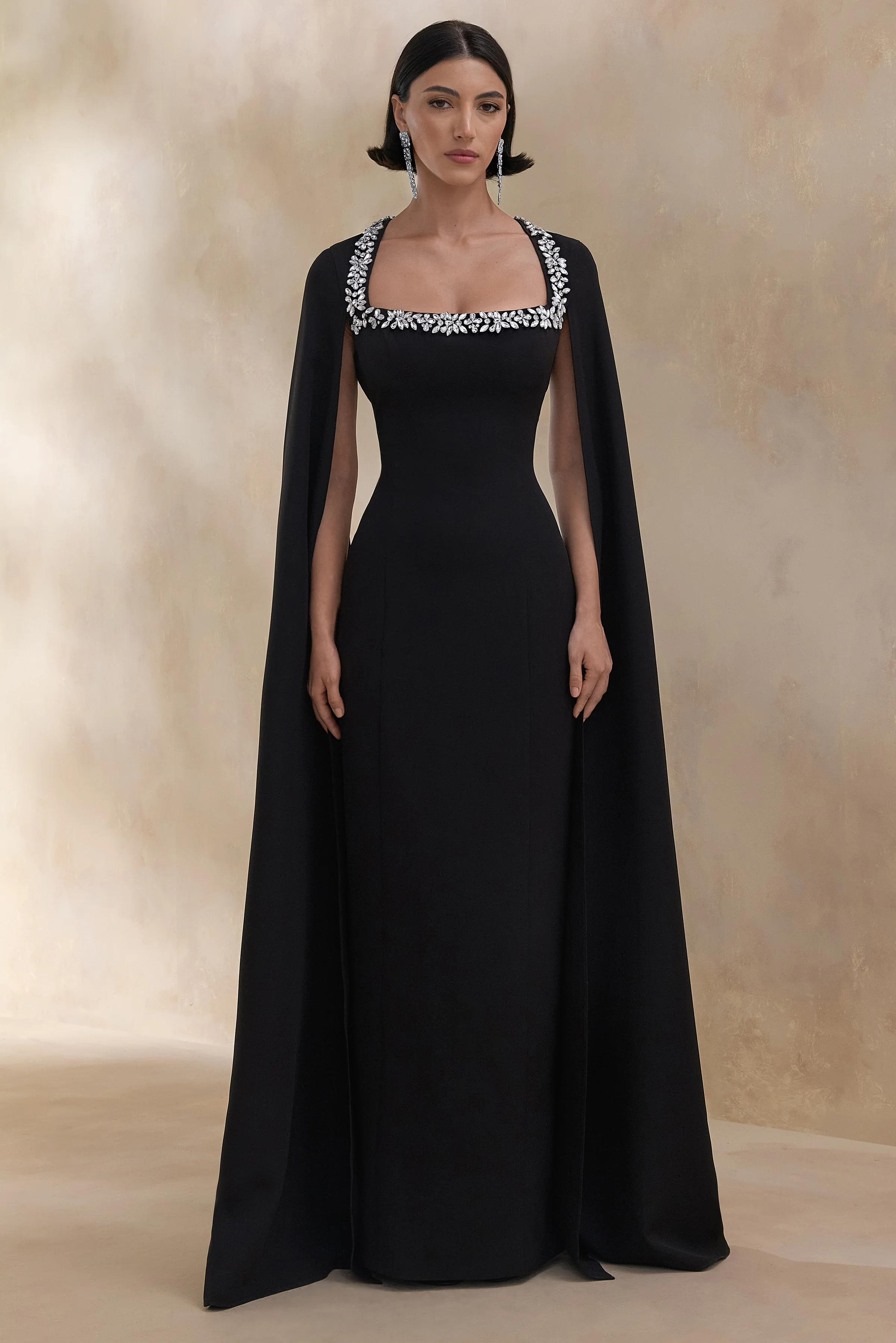 Glossy | Black Woven Square-Neck Maxi Dress With Cape Sleeves and Hand-Embellished Detail - Image 5