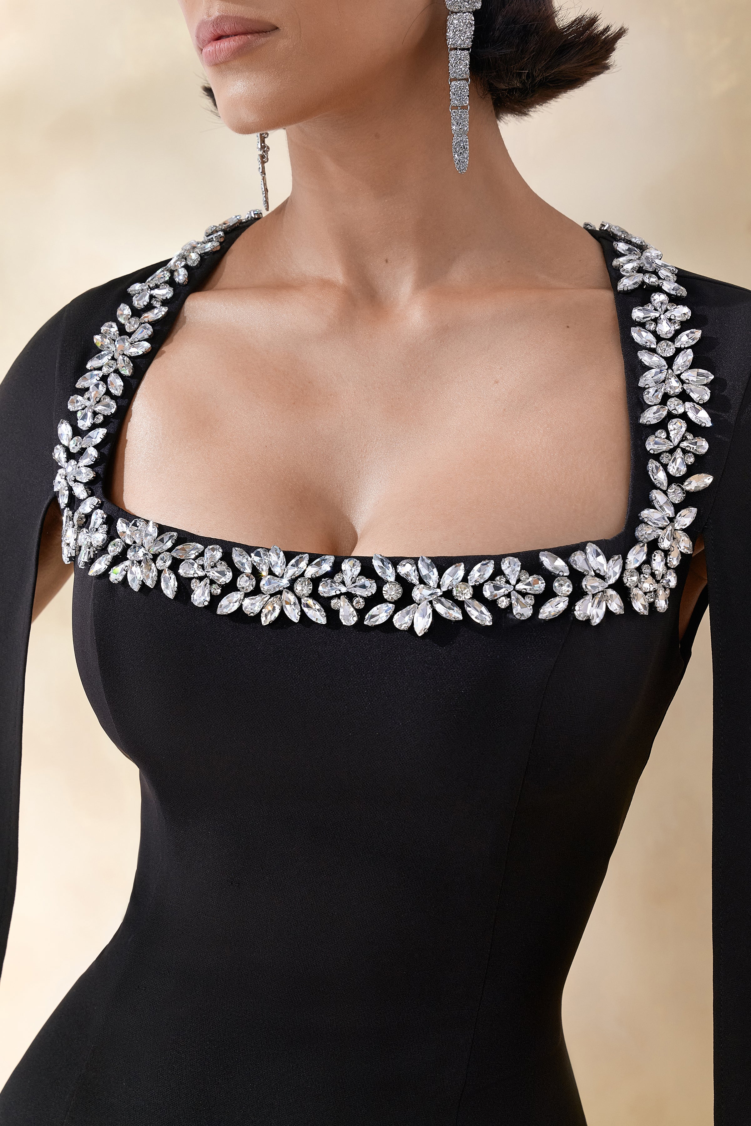 Glossy | Black Woven Square-Neck Maxi Dress With Cape Sleeves and Hand-Embellished Detail - Image 6