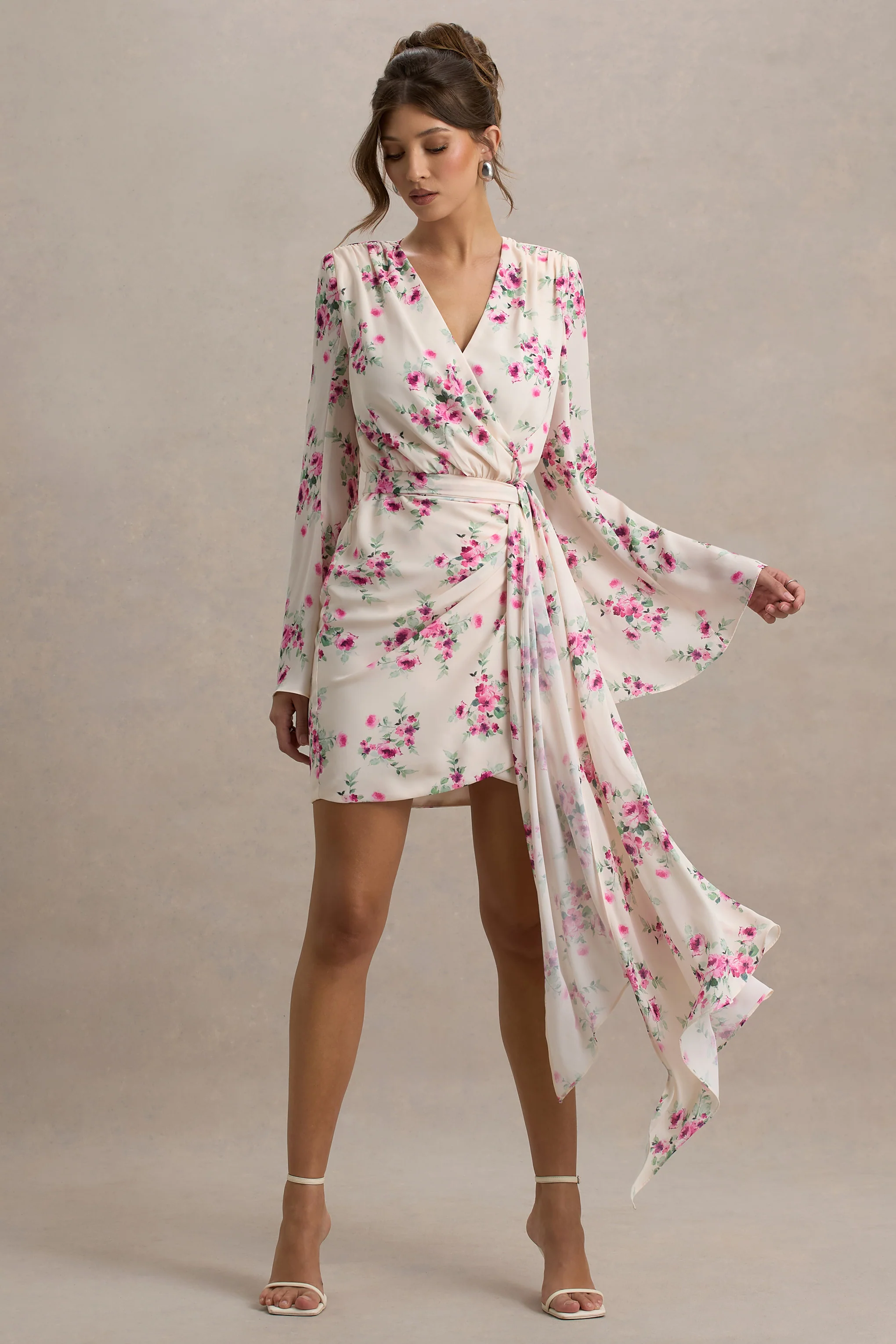Goldie | Cream Floral Print Chiffon Long-Sleeve Wrap Mini Dress - Image 4