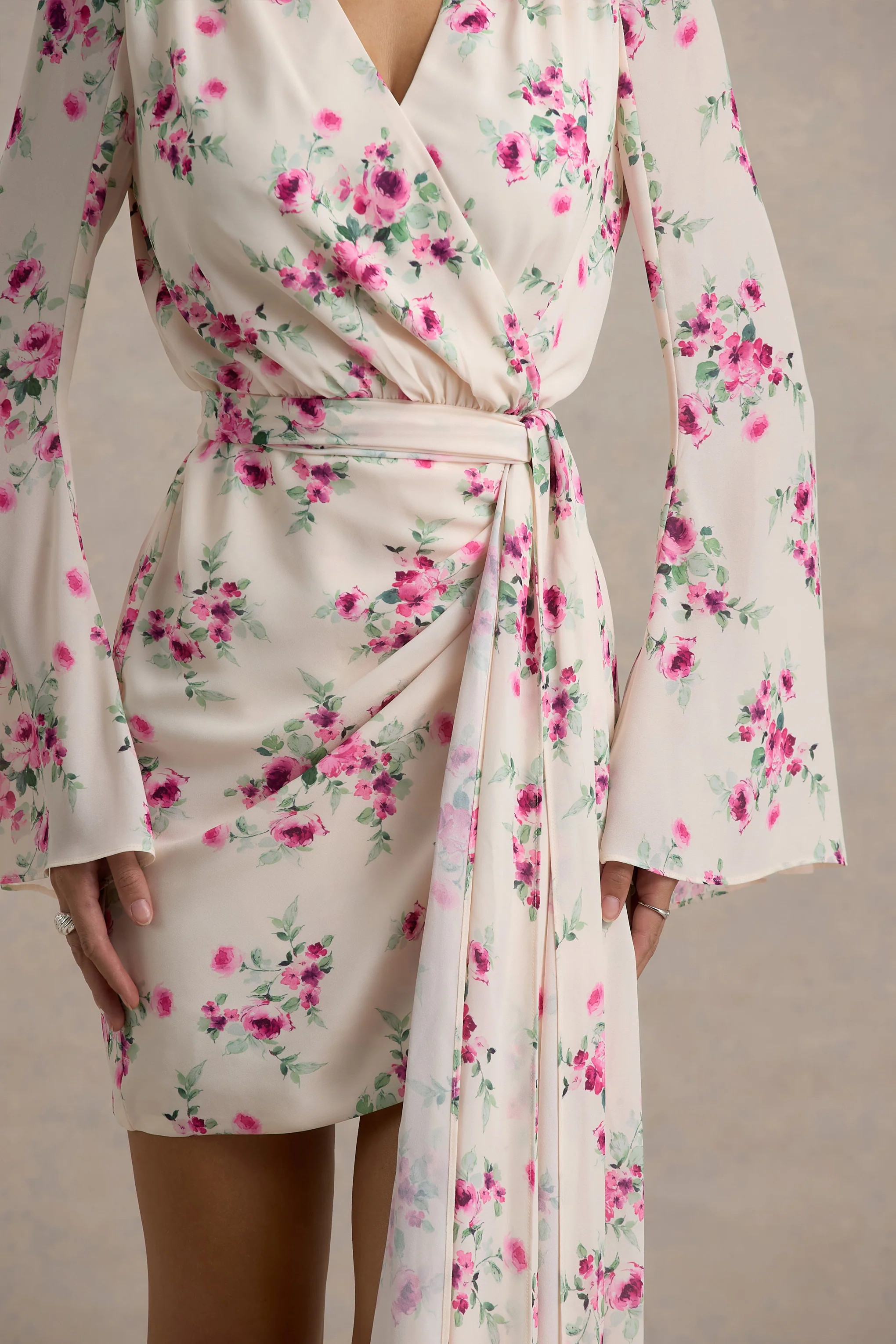 Goldie | Cream Floral Print Chiffon Long-Sleeve Wrap Mini Dress - Image 6