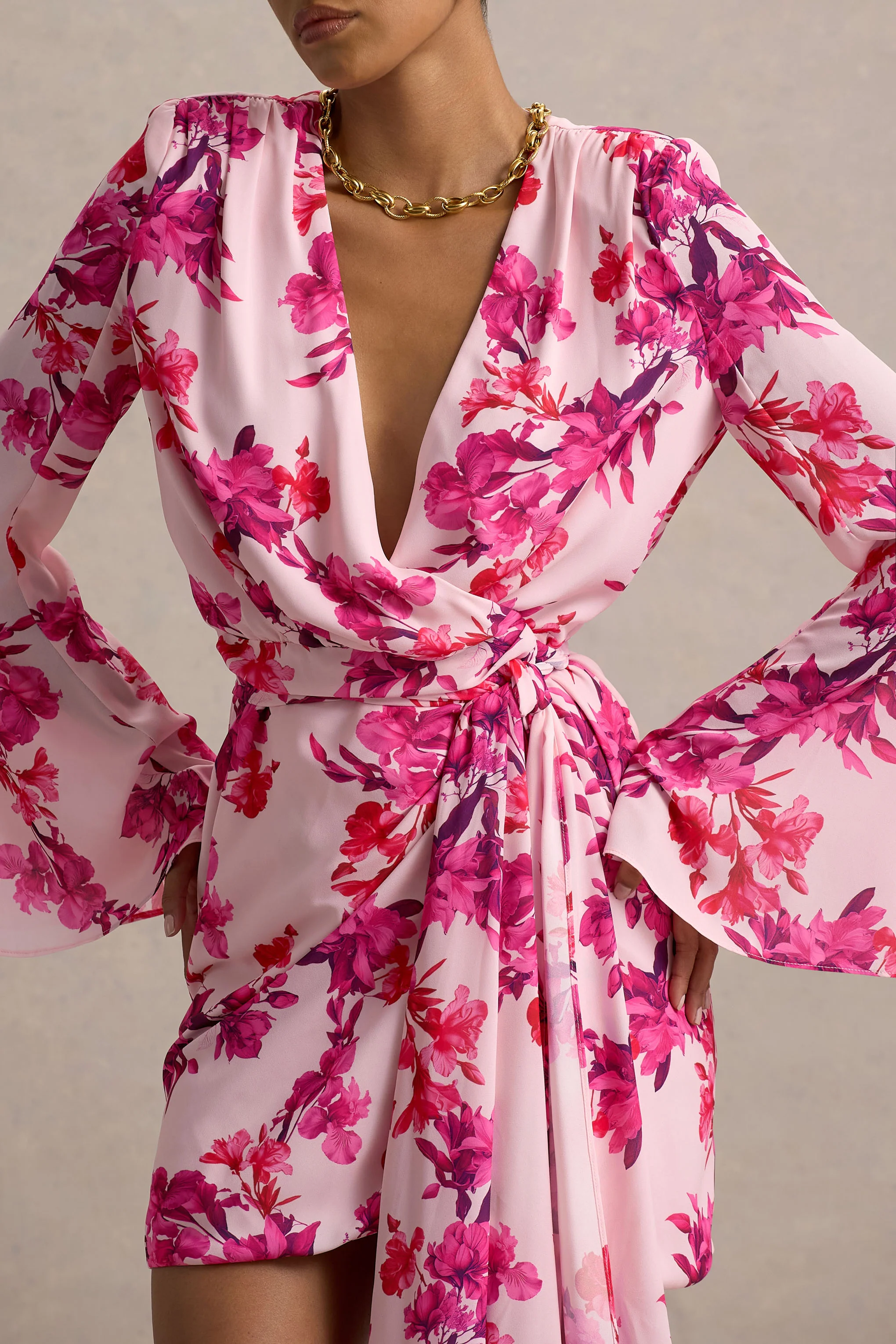 Goldie | Pink Floral Print Chiffon Long-Sleeve Wrap Mini Dress - Image 3
