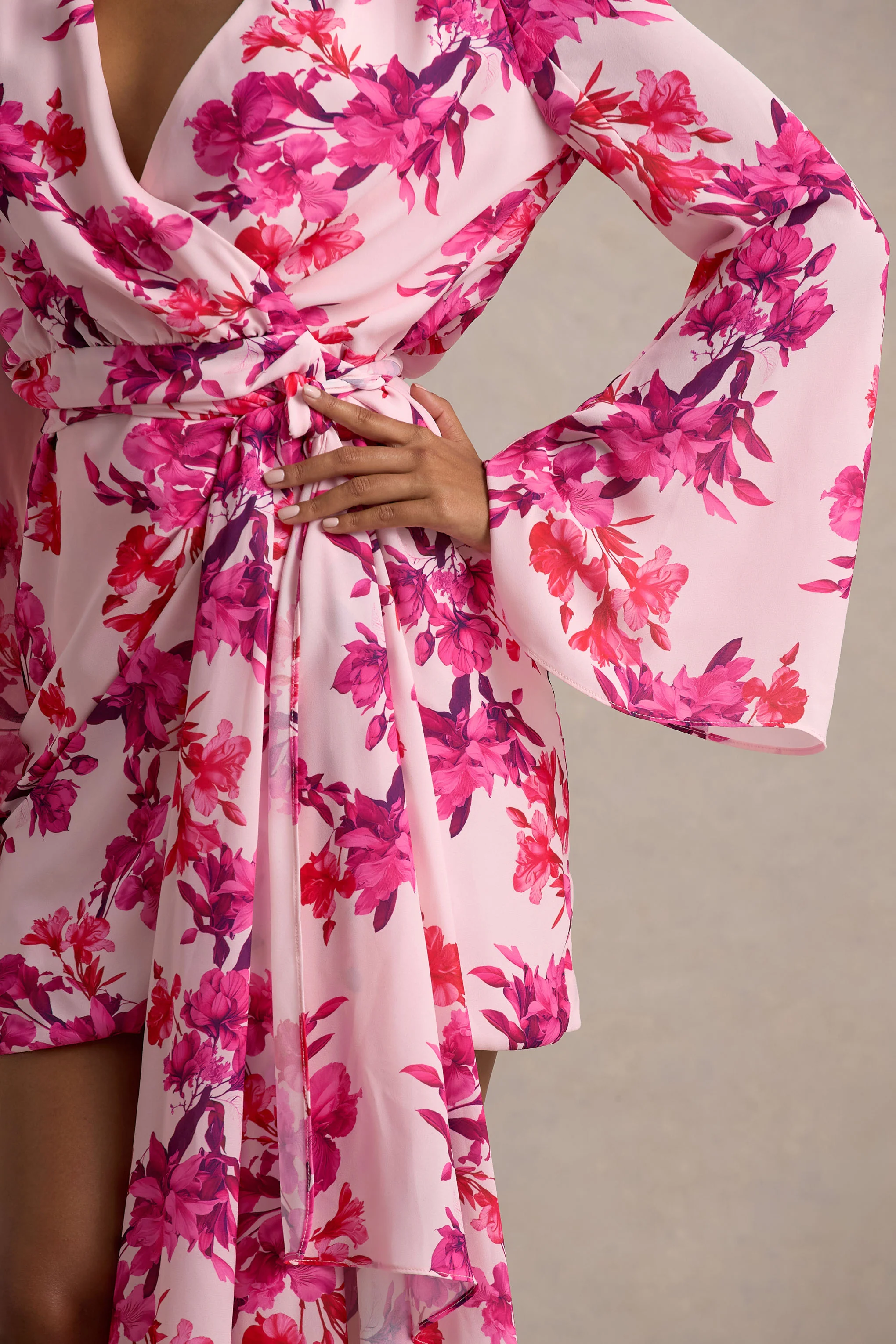 Goldie | Pink Floral Print Chiffon Long-Sleeve Wrap Mini Dress - Image 6
