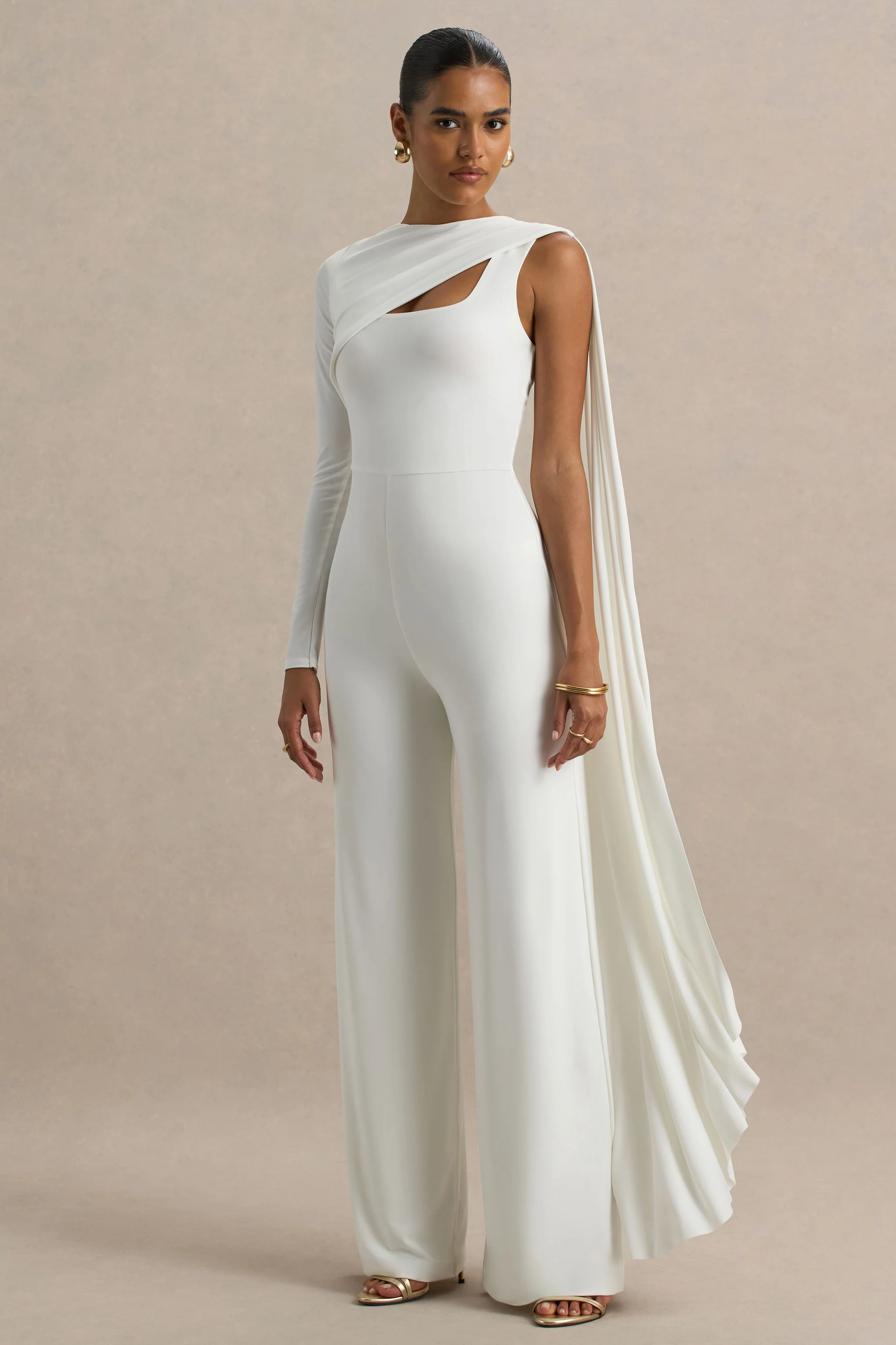 Graces | White High-Neck Jumpsuit With Cape Sleeve - Image 3