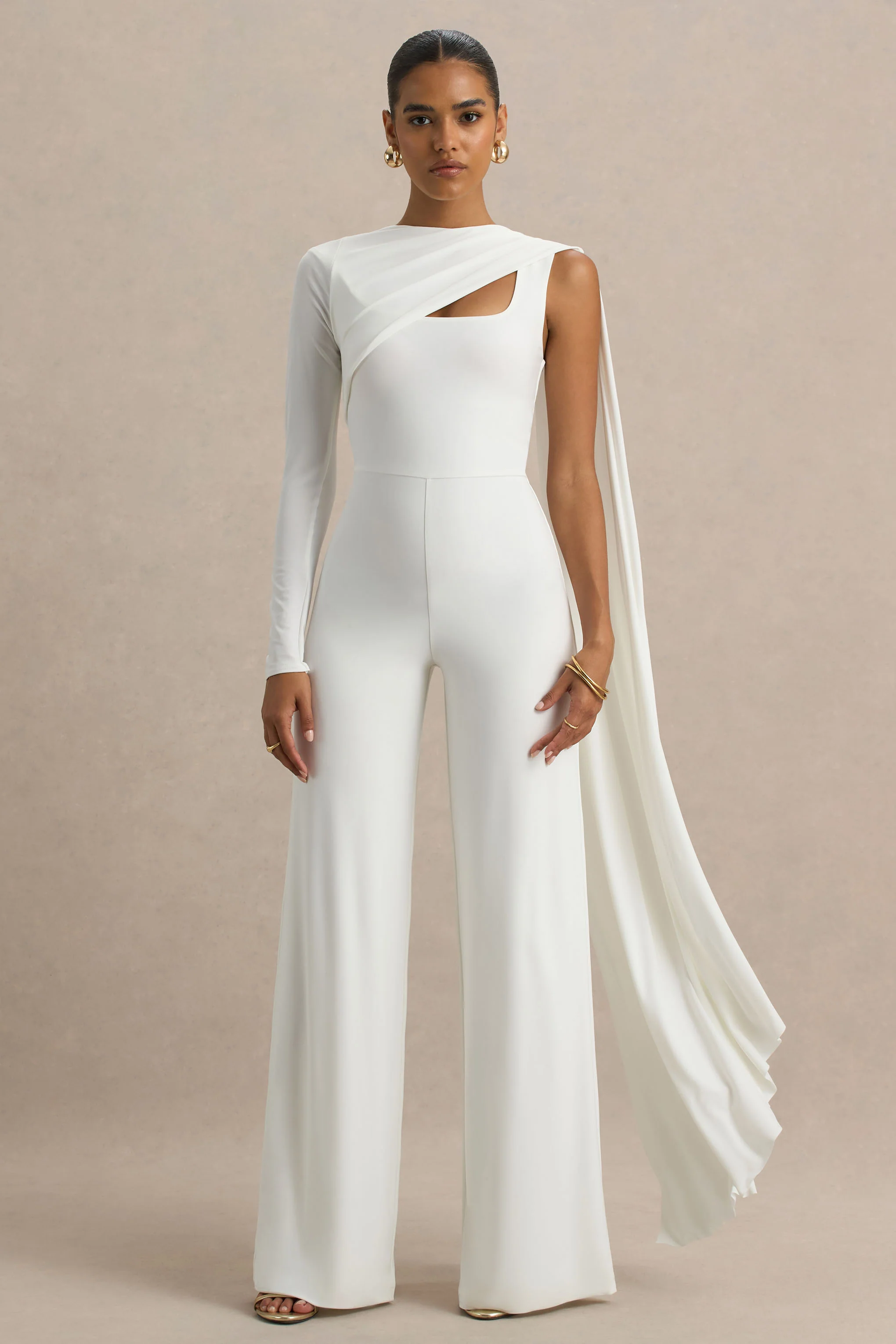 Graces | White High-Neck Jumpsuit With Cape Sleeve - Image 5