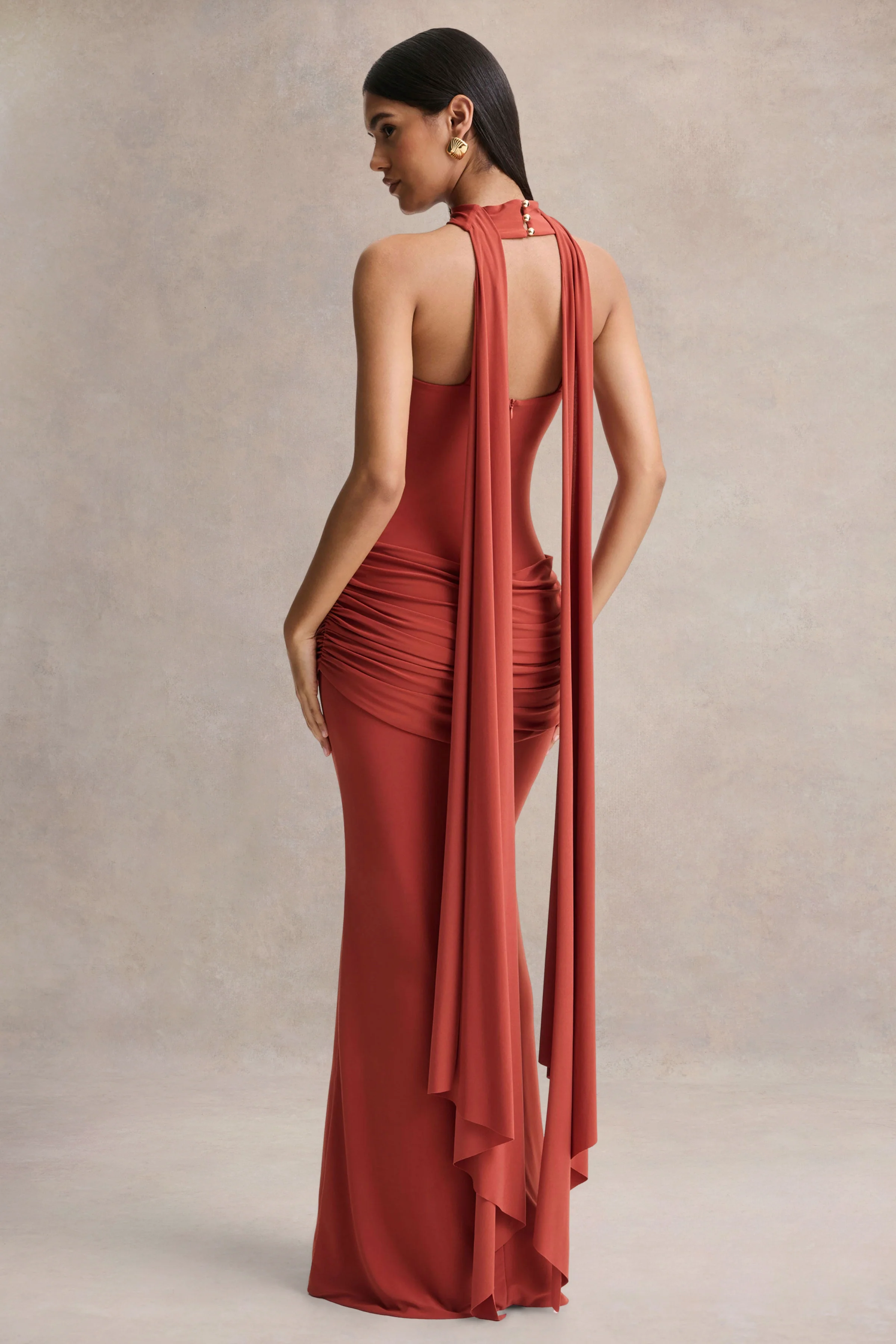 Graciella | Rust Bandeau Maxi Dress With Draped Detailing And Scarf - Image 2