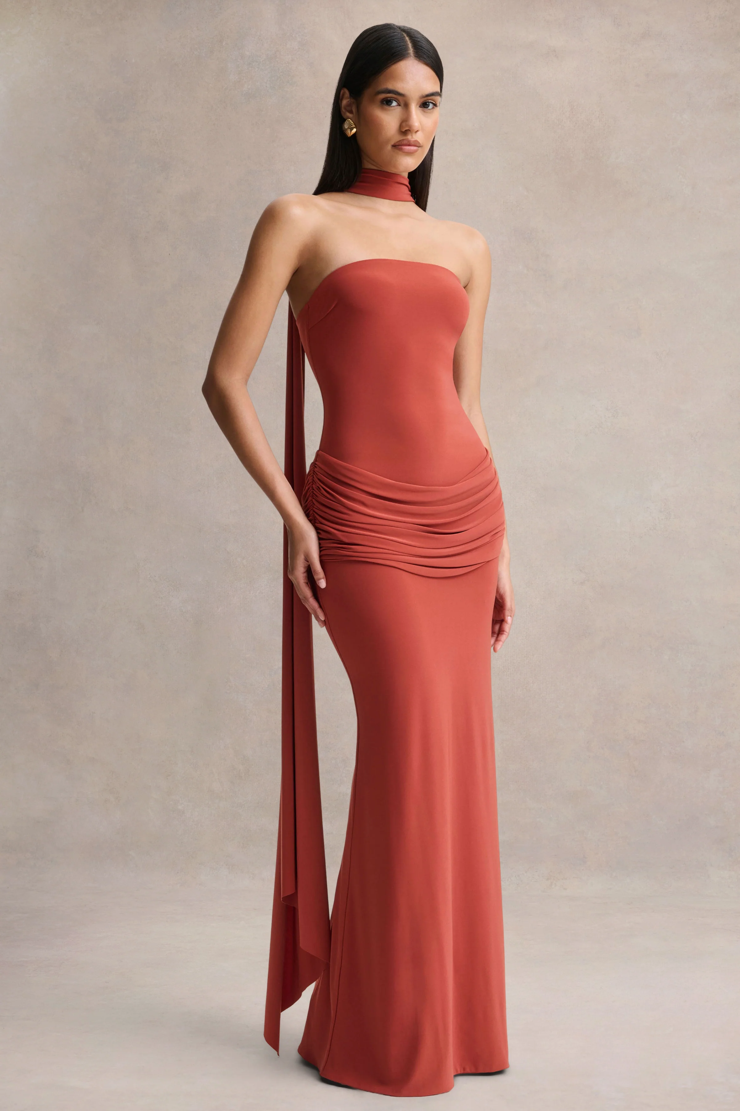 Graciella | Rust Bandeau Maxi Dress With Draped Detailing And Scarf - Image 4