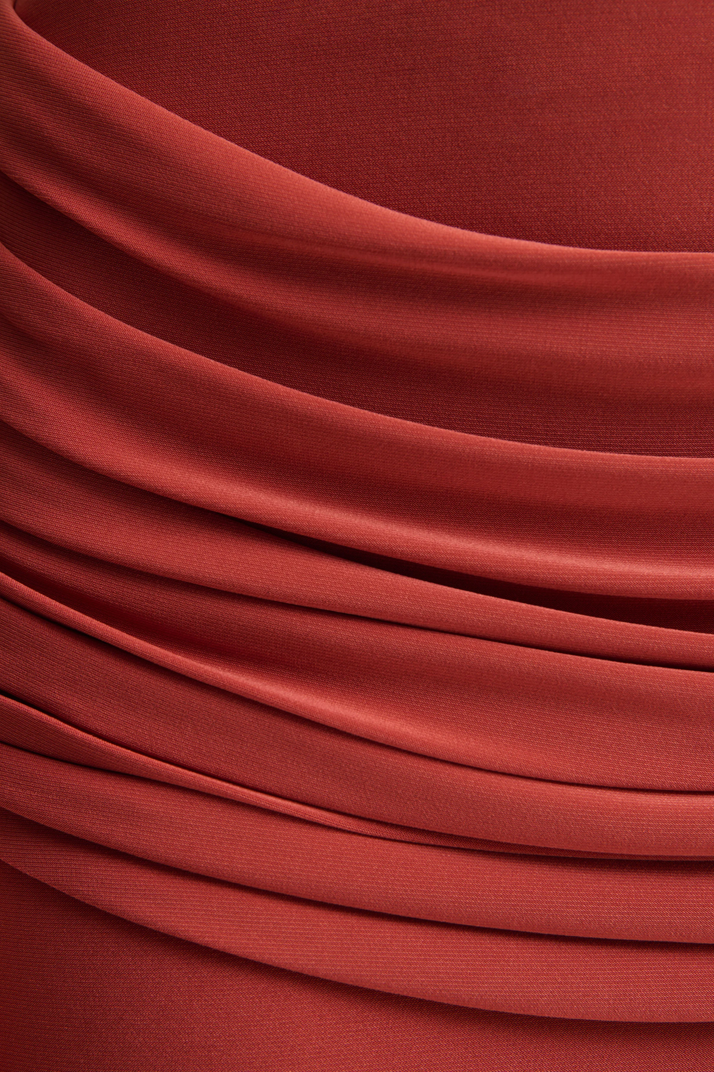 Graciella | Rust Bandeau Maxi Dress With Draped Detailing And Scarf - Image 7