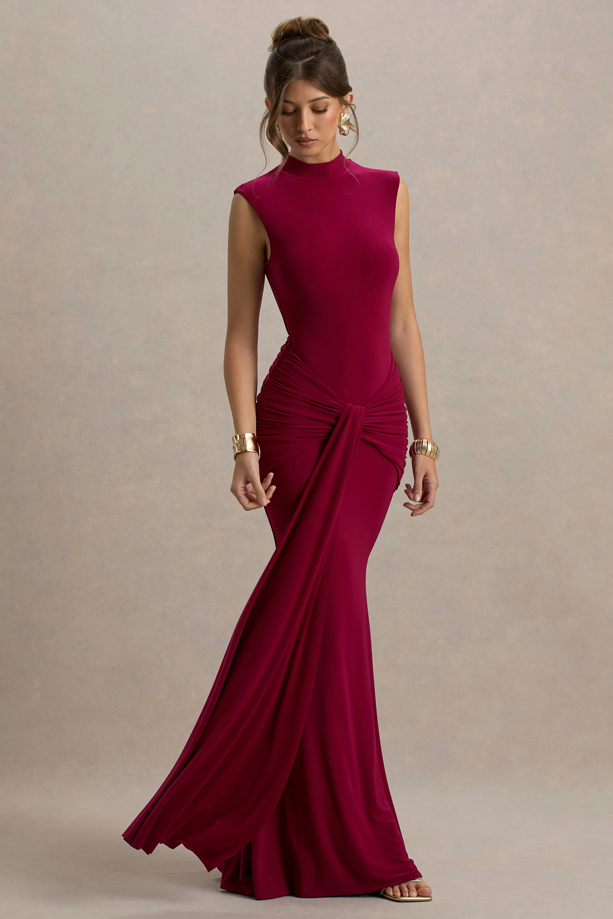 Graziana | Burgundy High-Neck Gathered Draped Maxi Dress - Image 4