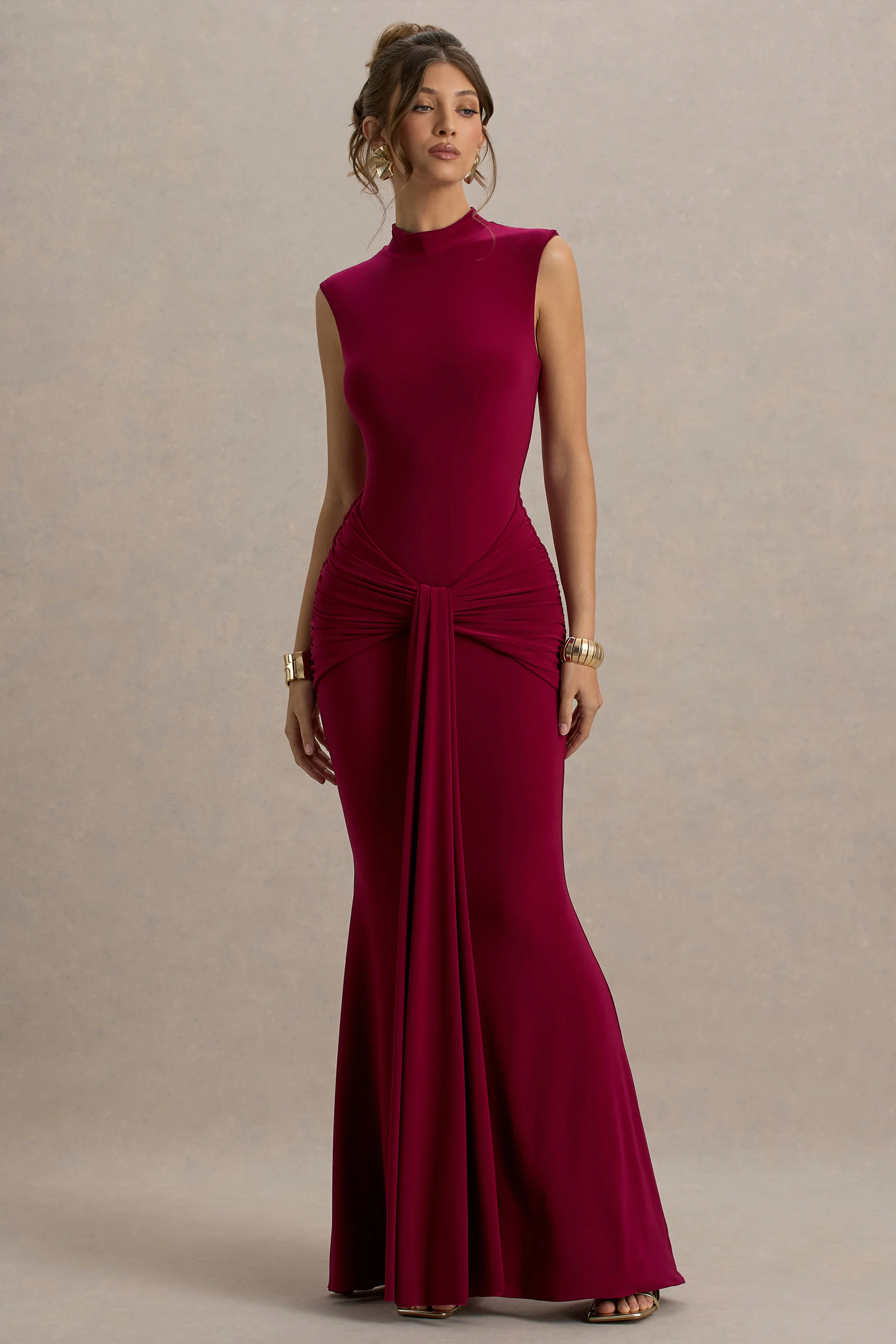 Graziana | Burgundy High-Neck Gathered Draped Maxi Dress - Image 5