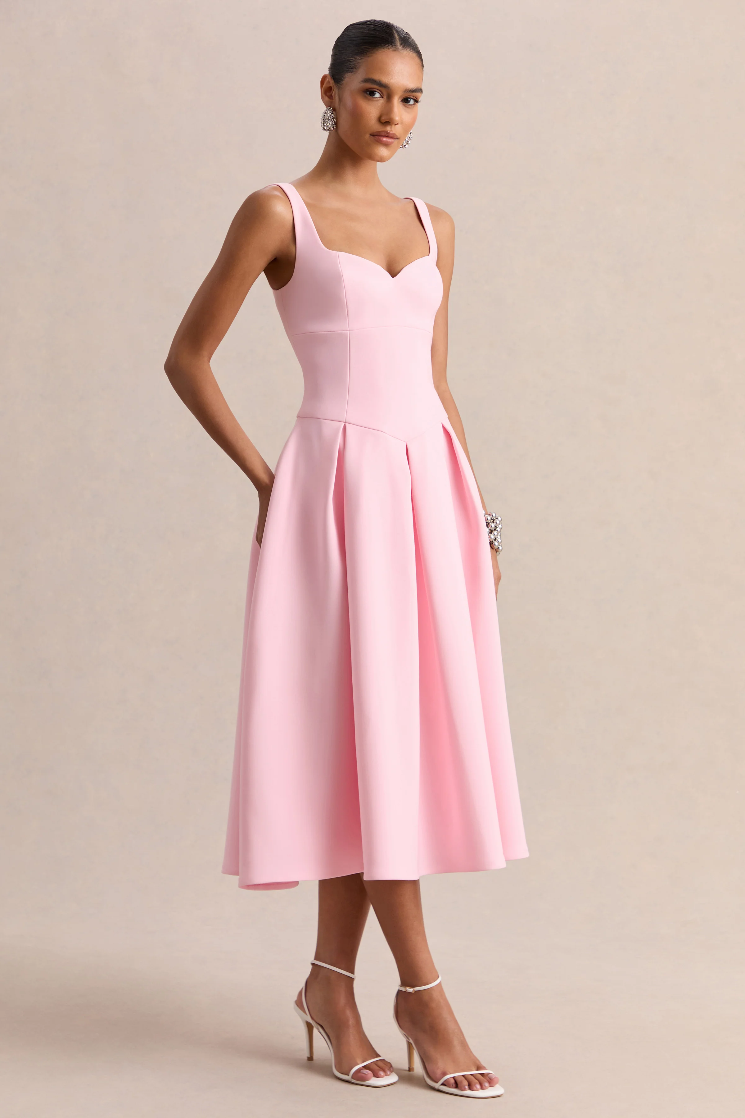 Greta | Light Pink Sweetheart-Neck Midi Dress - Image 4