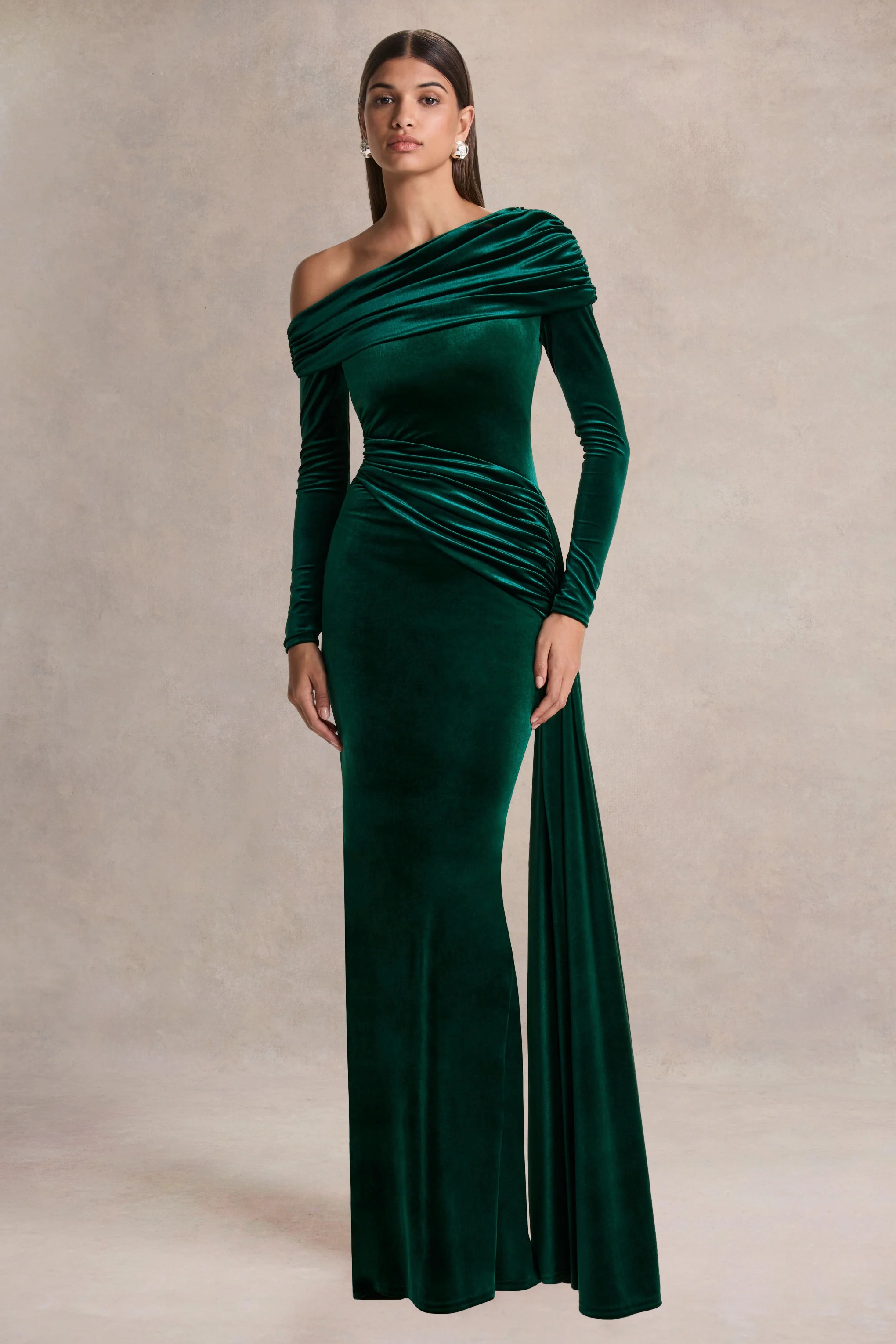 Hadria | Bottle Green Velvet Asymmetric-Neck Maxi Dress With Sash-Detail - Image 3