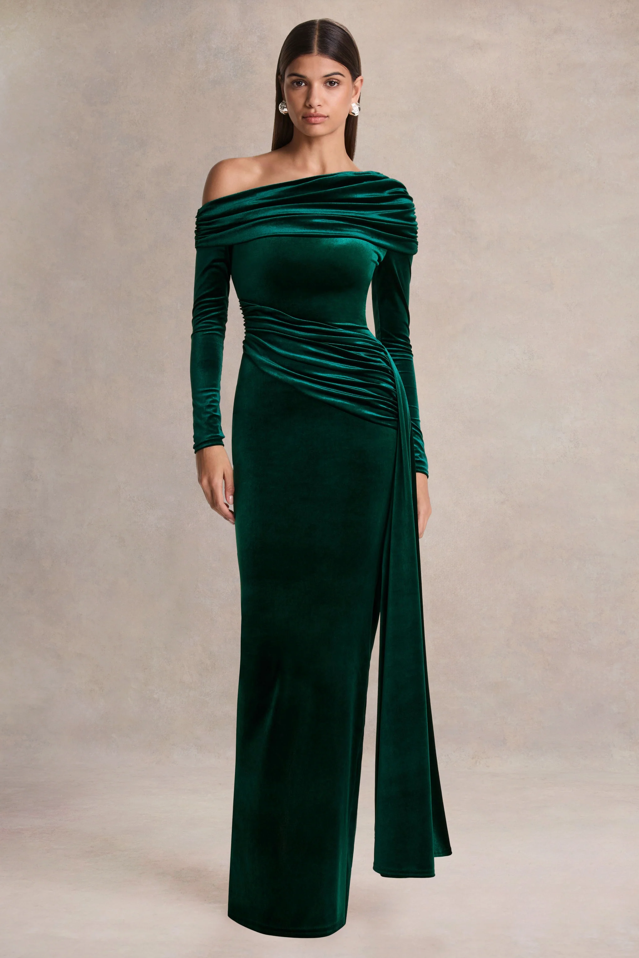 Hadria | Bottle Green Velvet Asymmetric-Neck Maxi Dress With Sash-Detail - Image 5