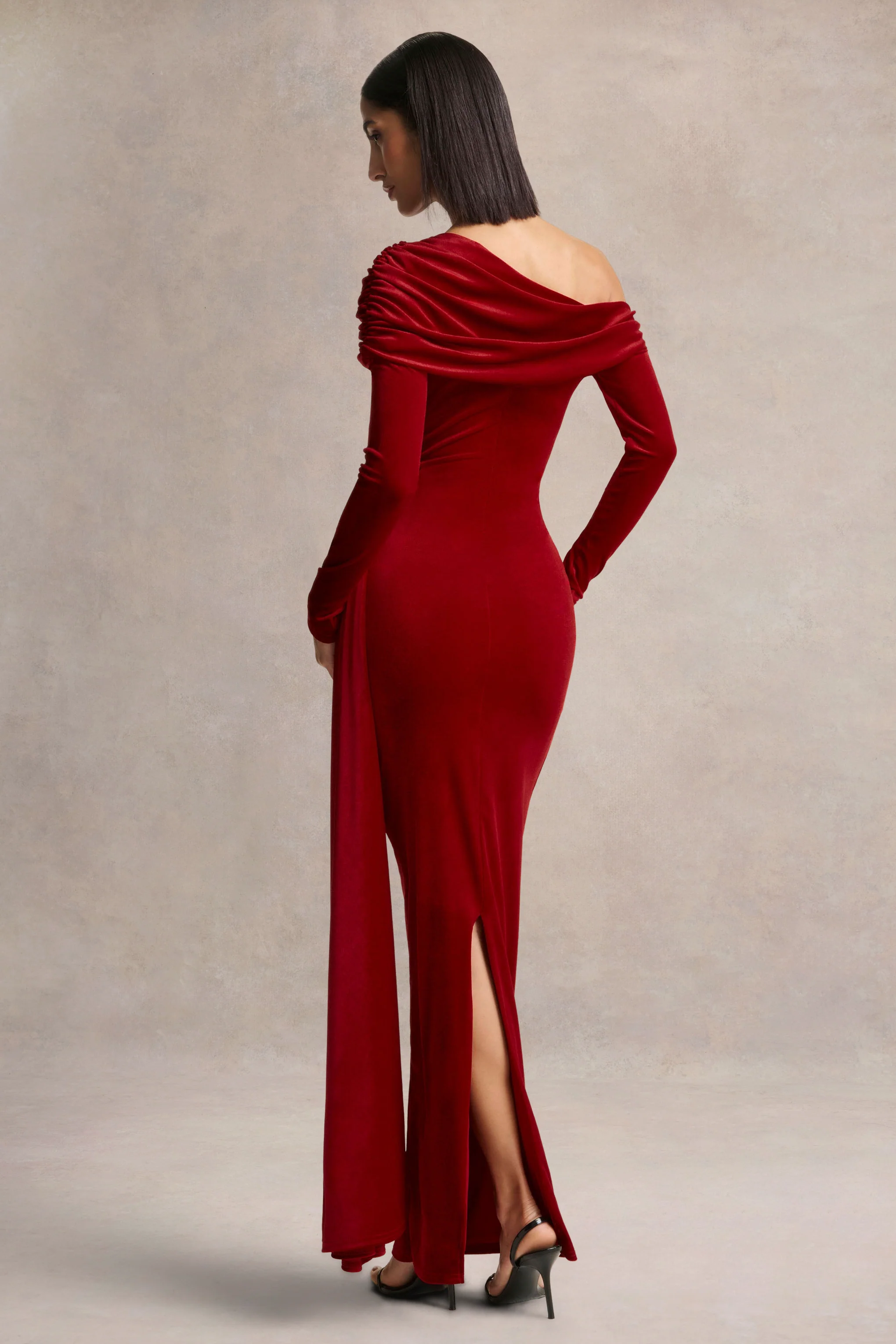 Hadria | Red Velvet Asymmetric-Neck Maxi Dress With Sash-Detail - Image 2
