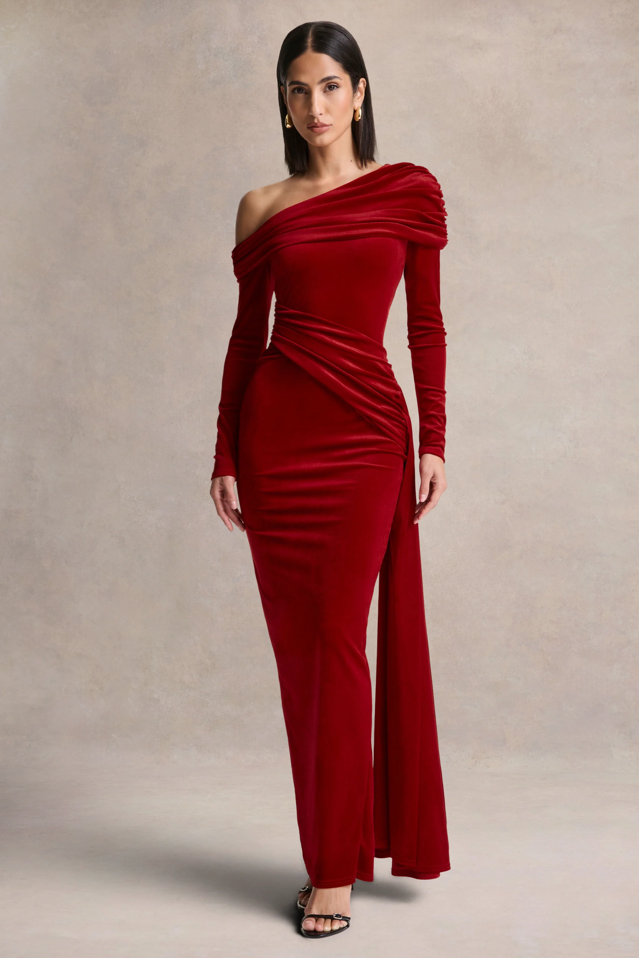 Hadria | Red Velvet Asymmetric-Neck Maxi Dress With Sash-Detail - Image 4