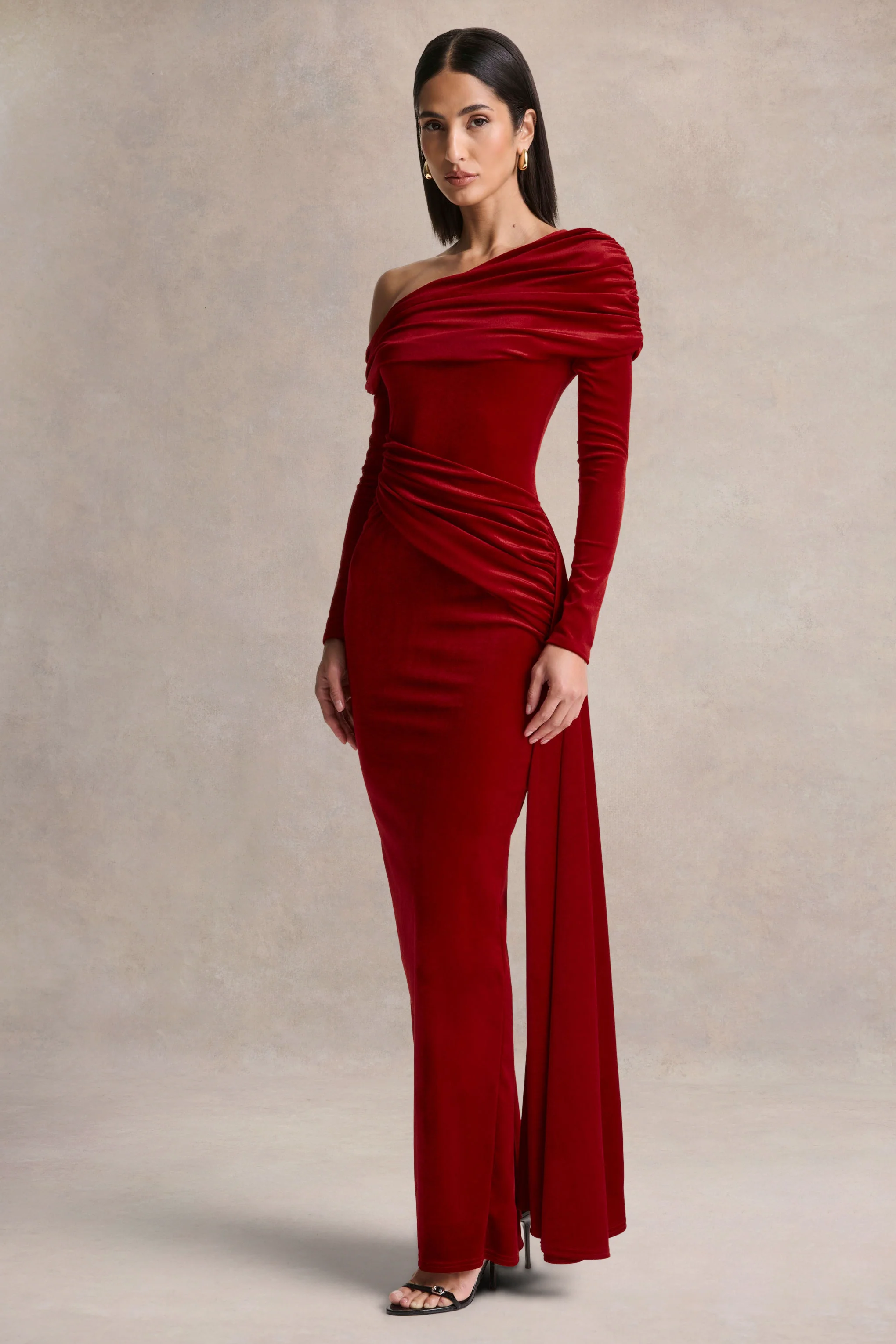 Hadria | Red Velvet Asymmetric-Neck Maxi Dress With Sash-Detail - Image 5
