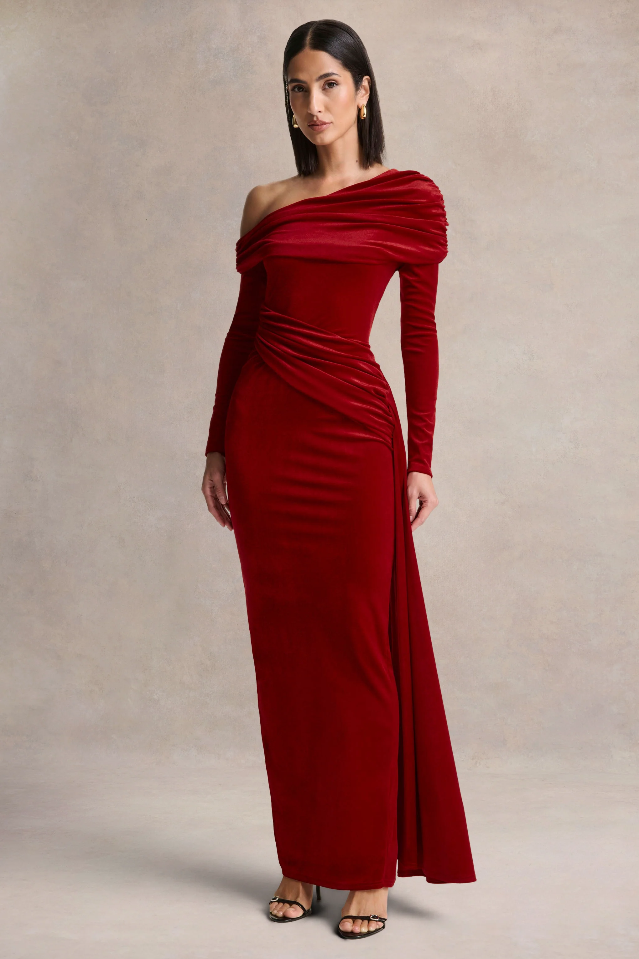 Hadria | Red Velvet Asymmetric-Neck Maxi Dress With Sash-Detail - Image 7
